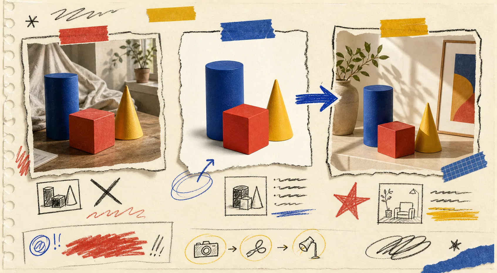 Hand-drawn workflow from product cutout to lifestyle image