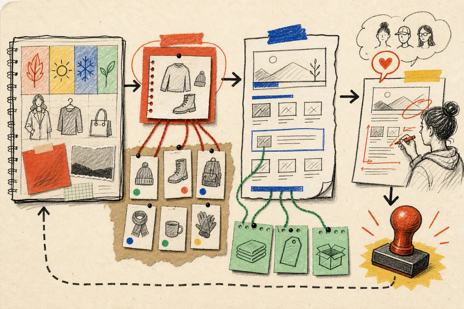 Hand-drawn seasonal collection to blog workflow map