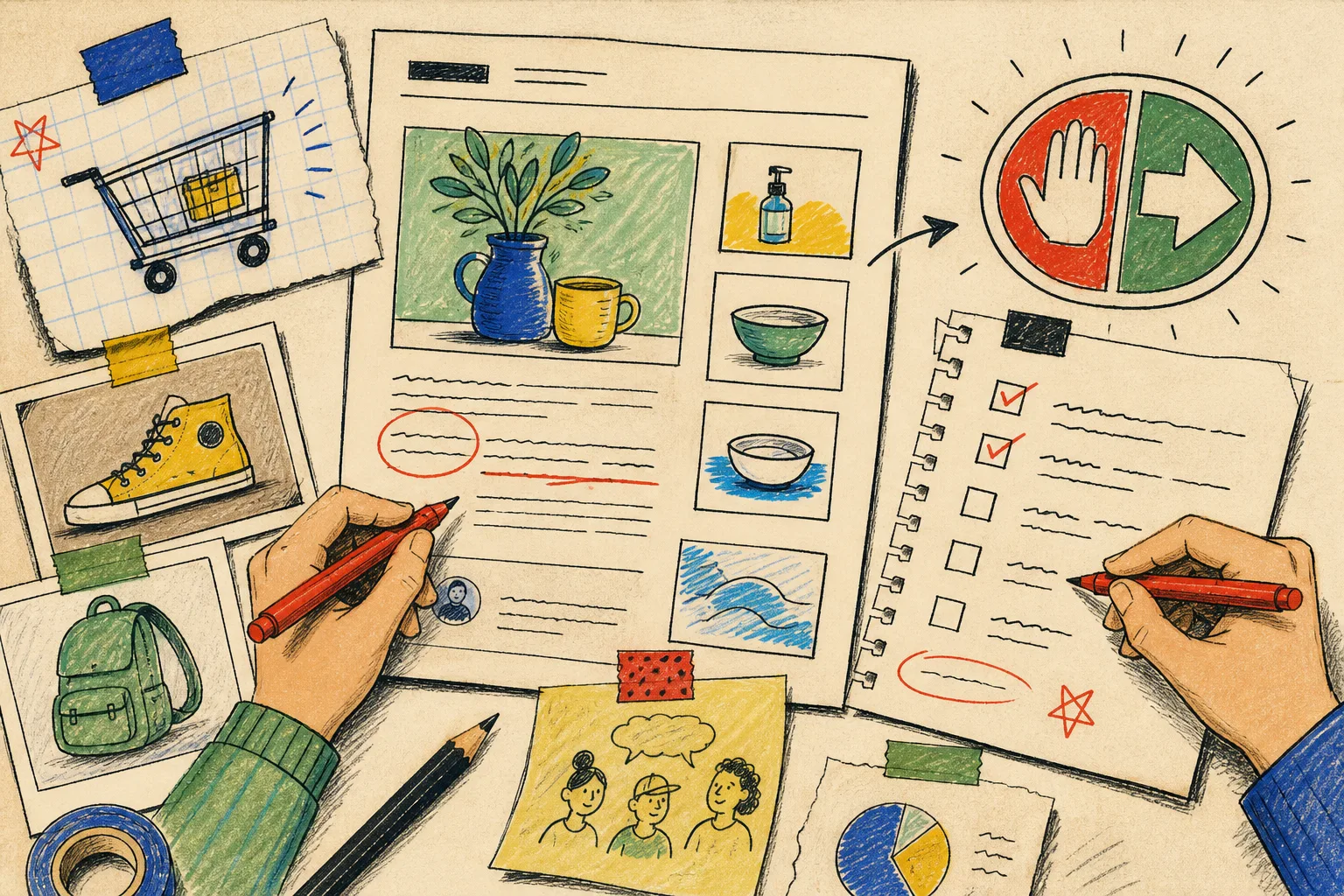 Hand-drawn draft review desk for ecommerce blog publishing