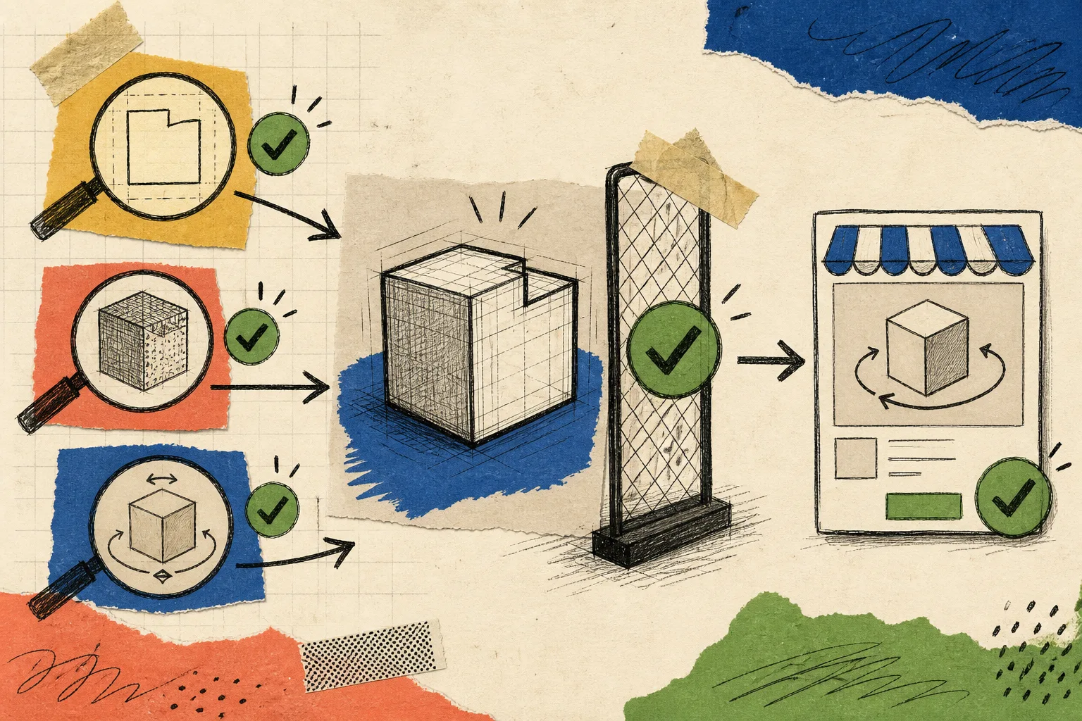 Hand-drawn review gate for a Shopify 3D model