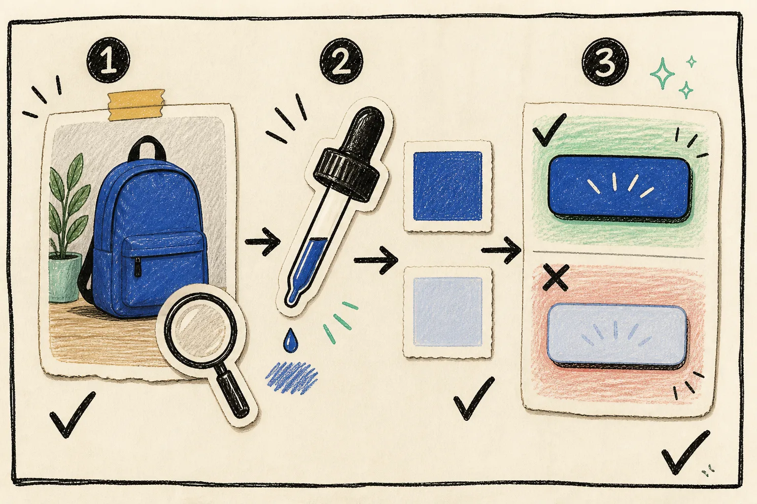 Hand-drawn three-step workflow from product image to color swatch to readable storefront button