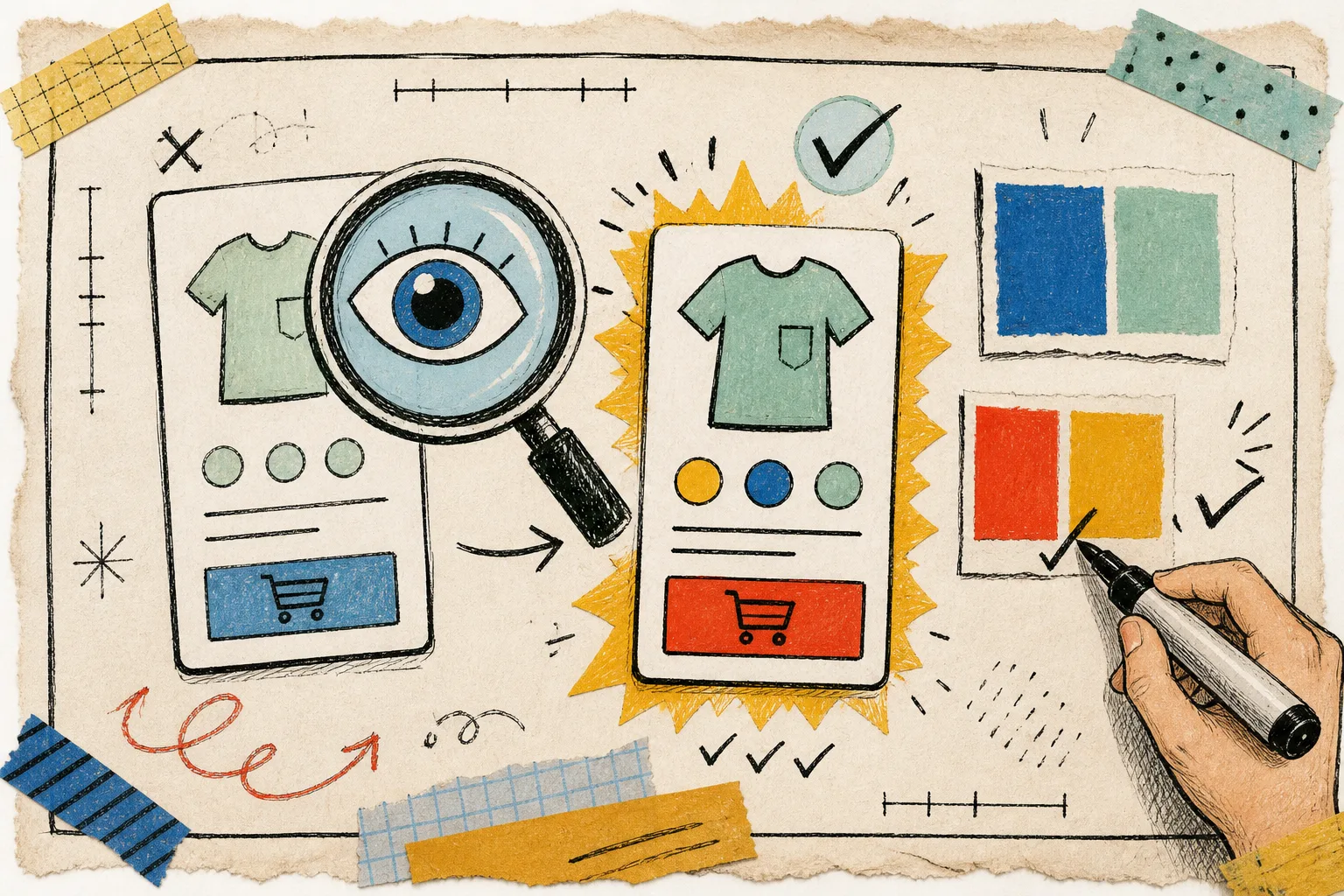 Hand-drawn storefront card with magnifier testing two button and text color pairings