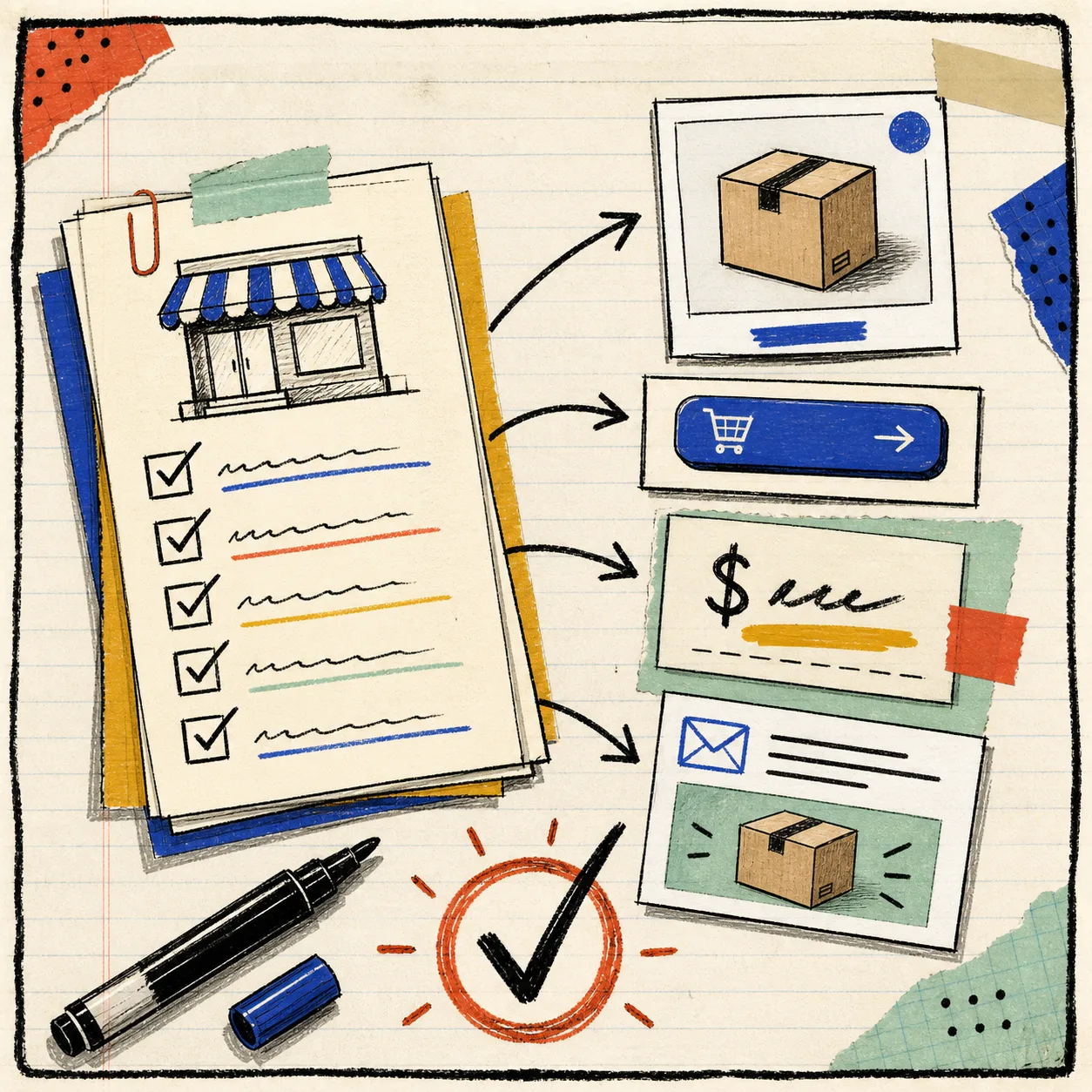 Hand-drawn launch checklist connecting product photo, storefront card, email thumbnail, and approval tick
