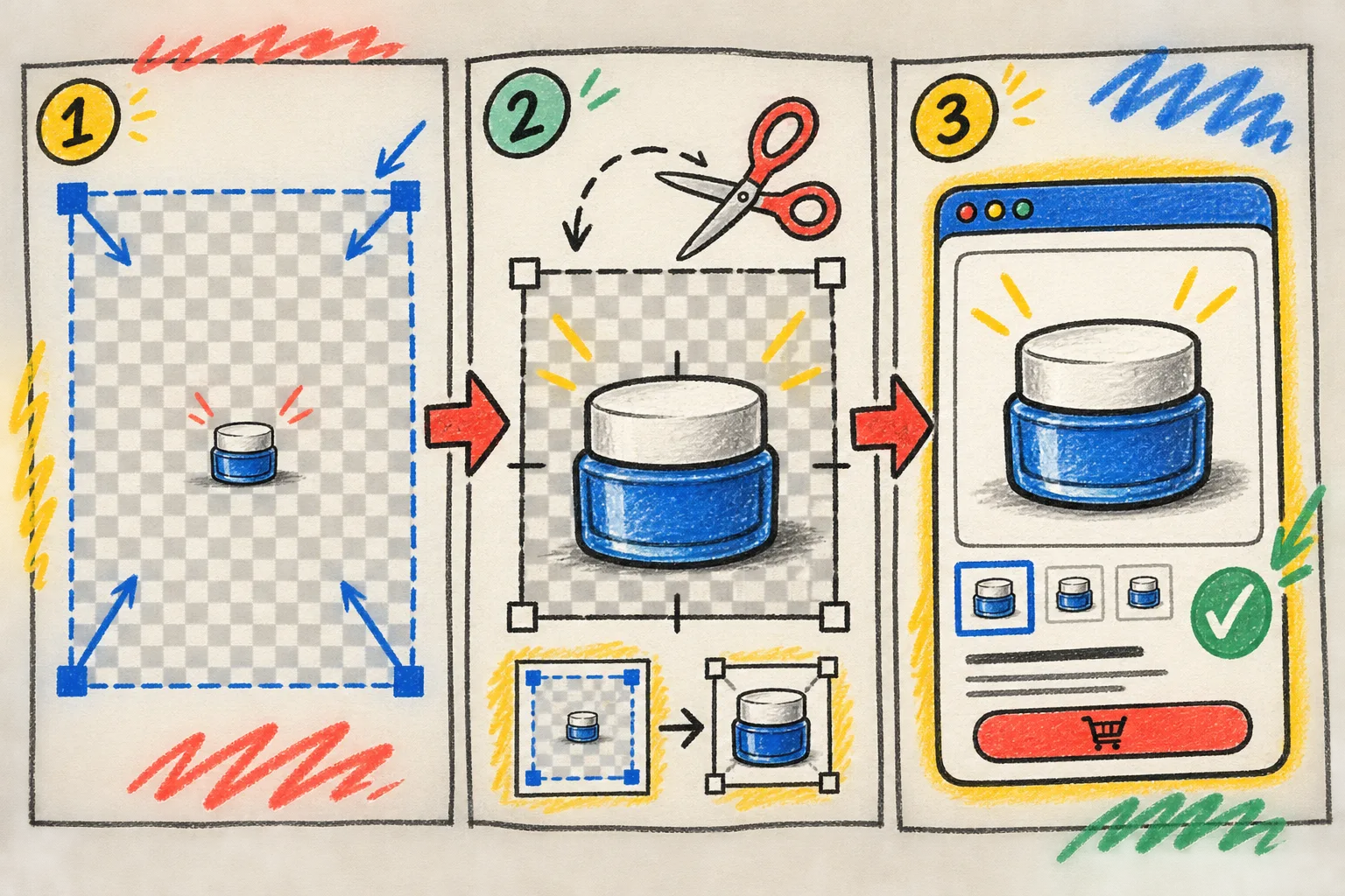 Hand-drawn diagram showing excess transparent space cropped from a product image