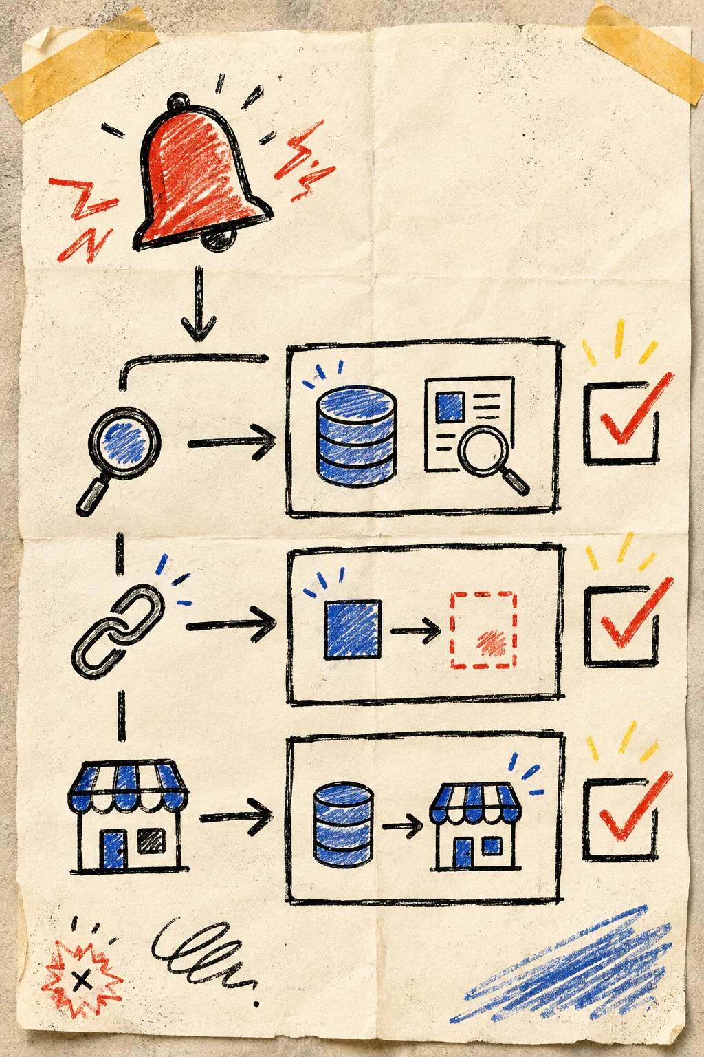 Hand-drawn sync troubleshooting runbook with alert and checks