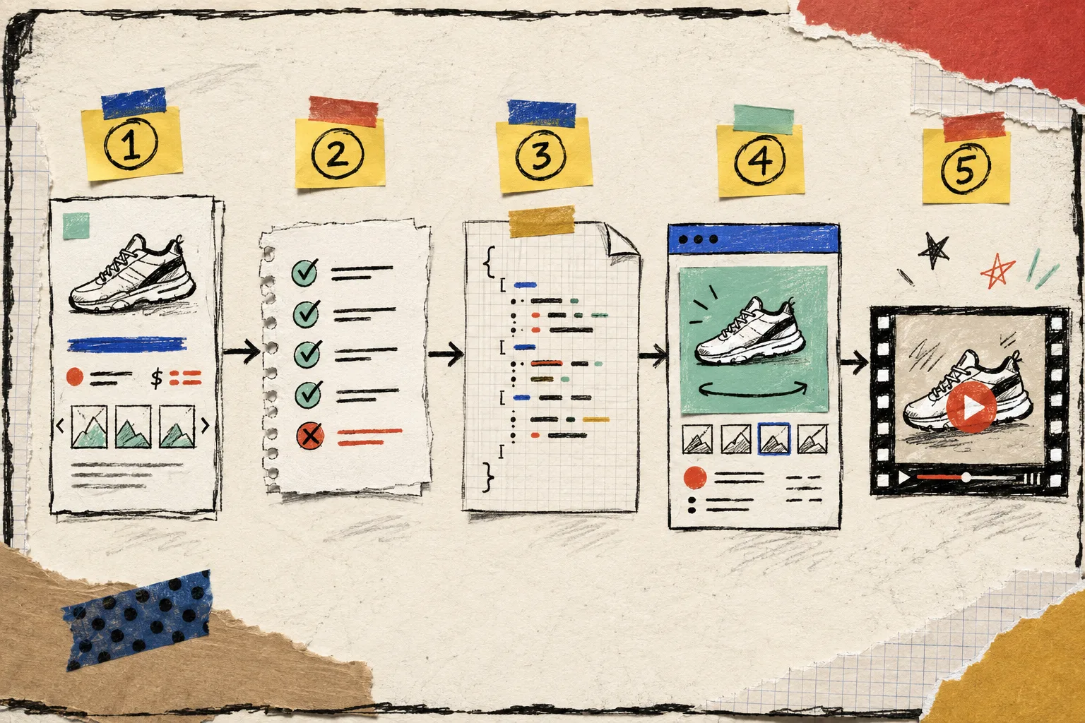 Hand-drawn product data to video workflow map