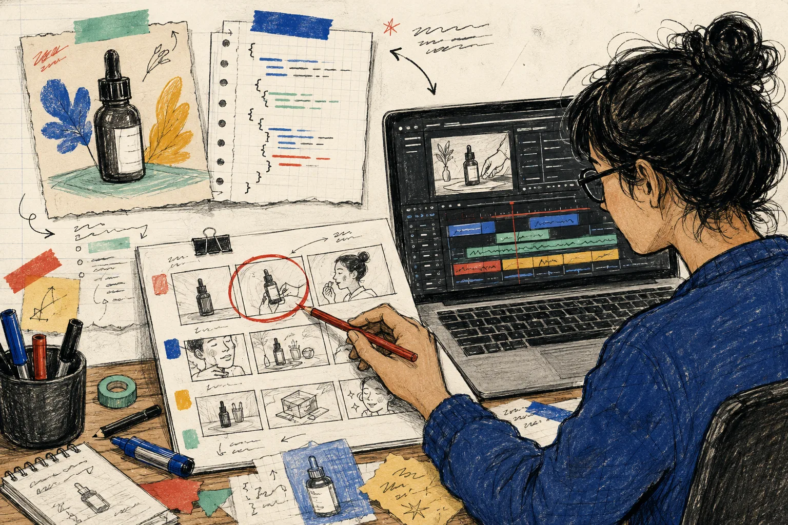 Hand-drawn review of a product video storyboard