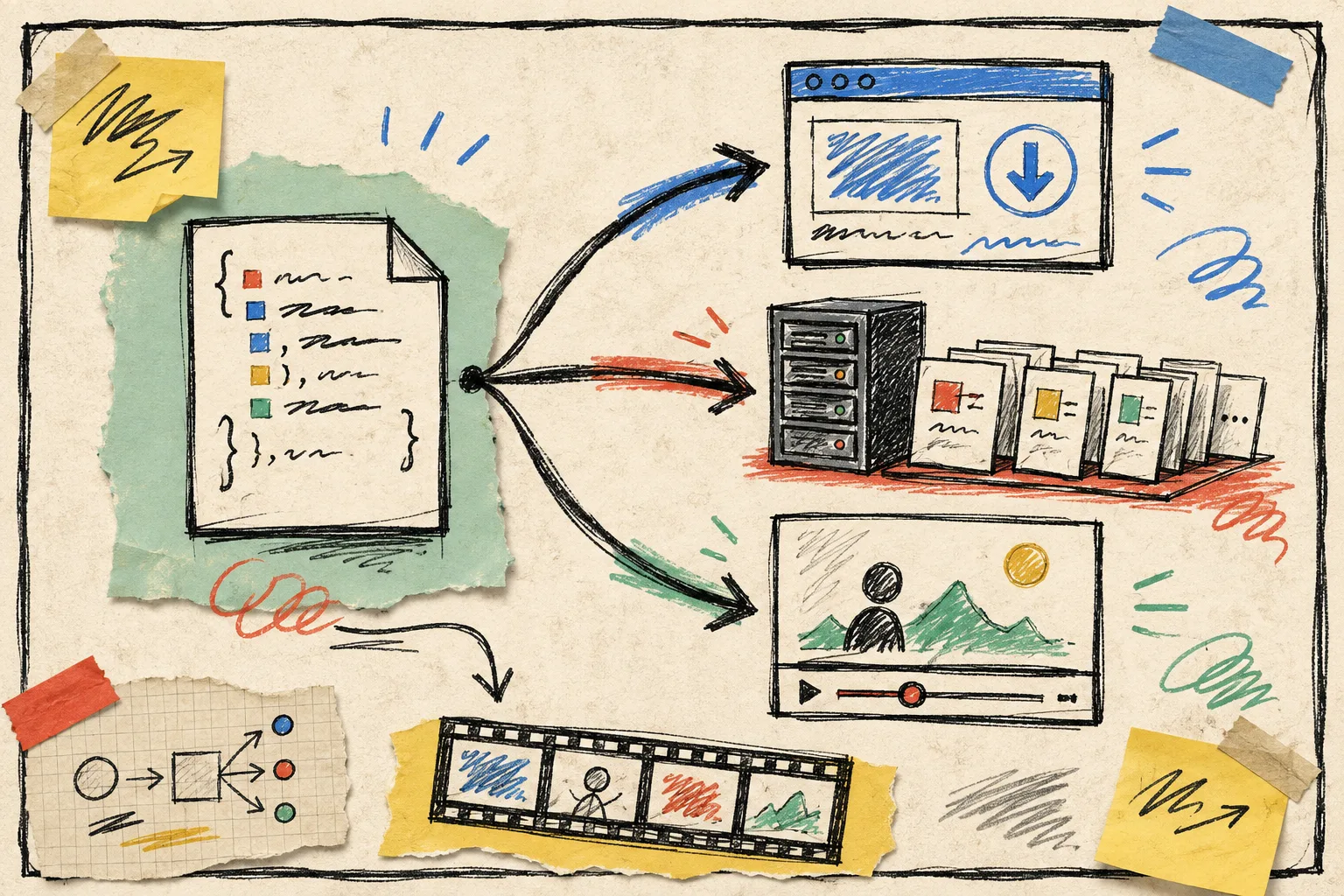 Hand-drawn JSON rendering targets diagram