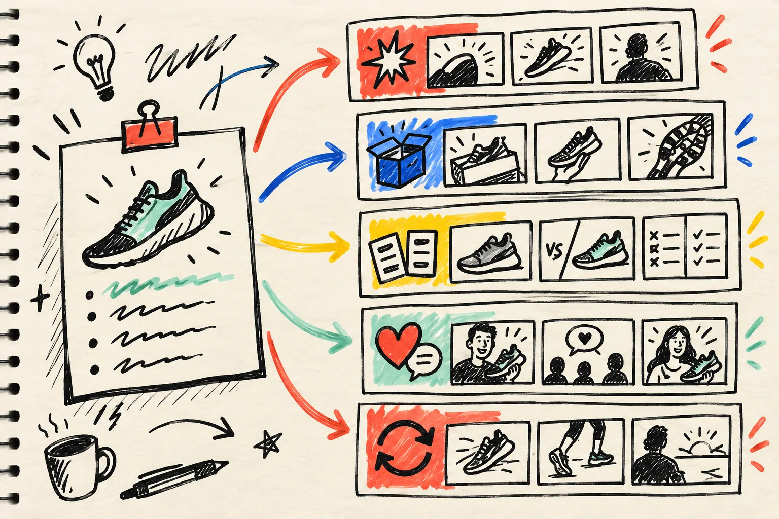 Hand-drawn workflow sorting a product brief into video jobs