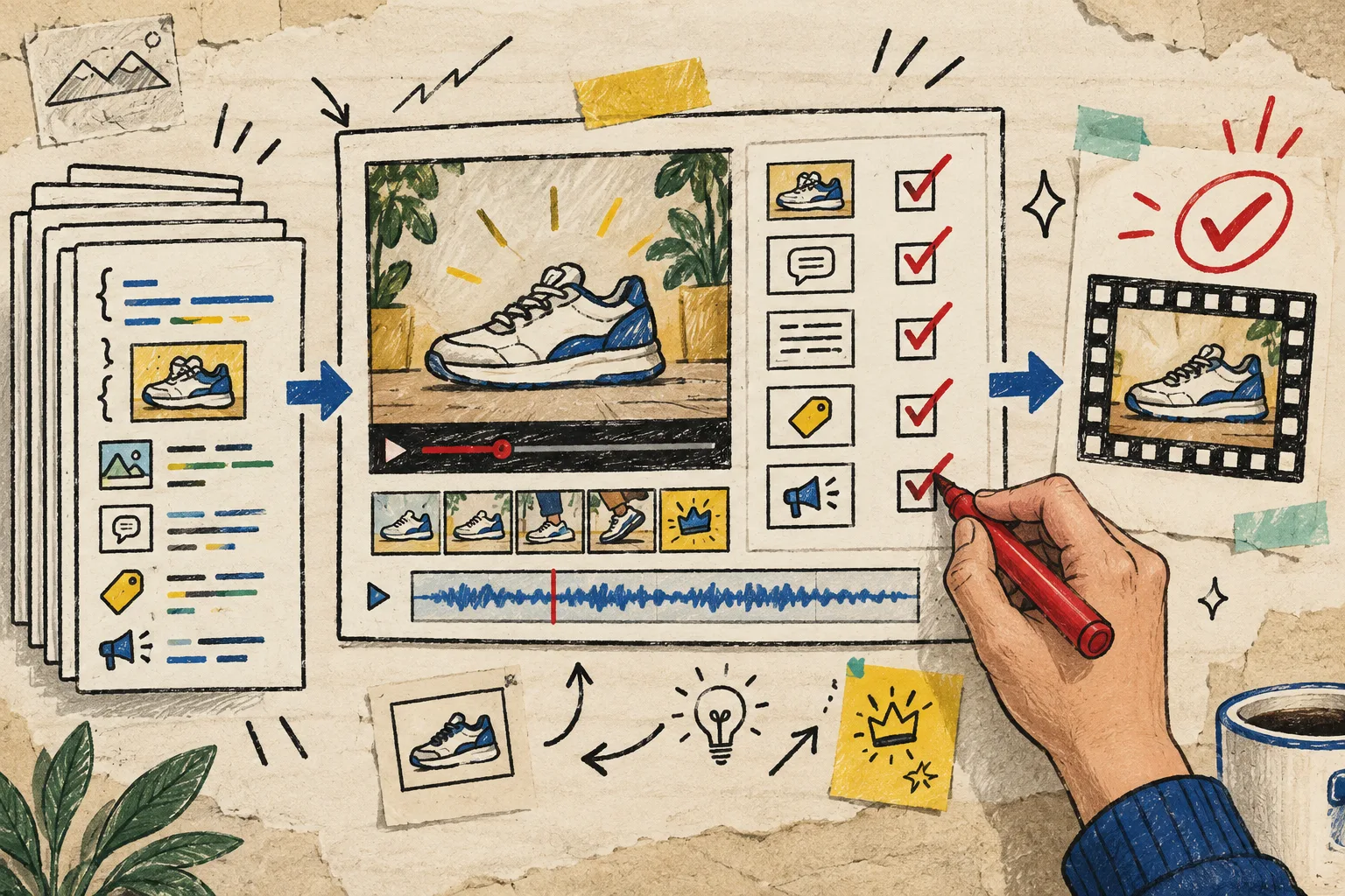 Hand-drawn human review gate for launch videos
