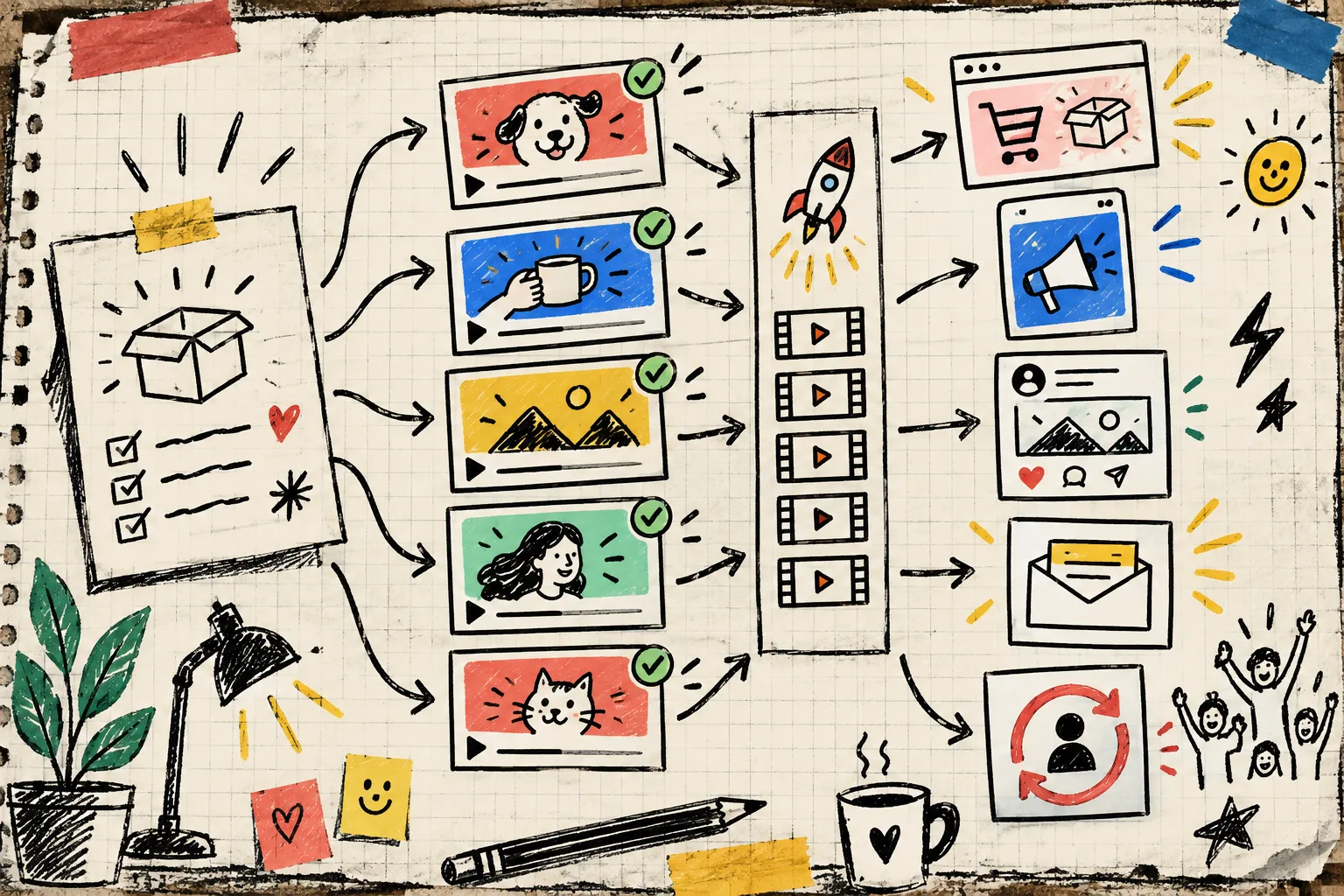 Hand-drawn dispatch board for a product launch video pack