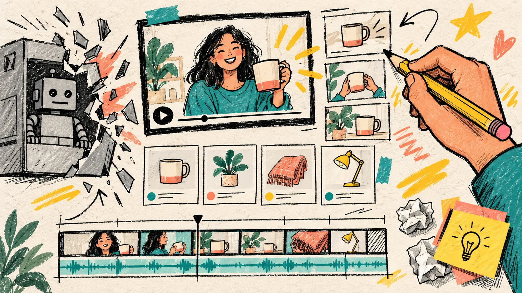 Hand-drawn product video template with a human editing pencil