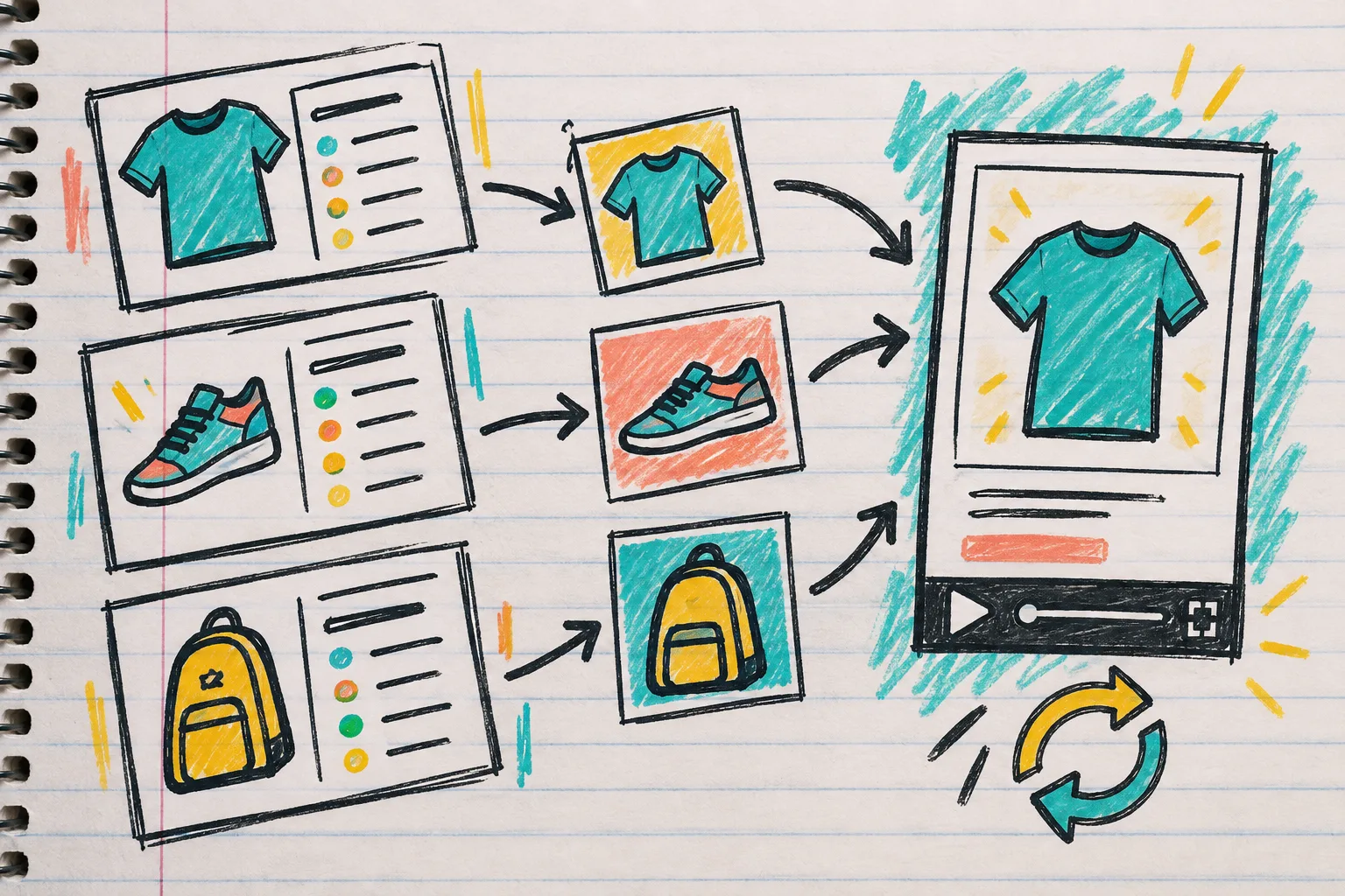 Hand-drawn product data and image cards flowing into a reusable video template