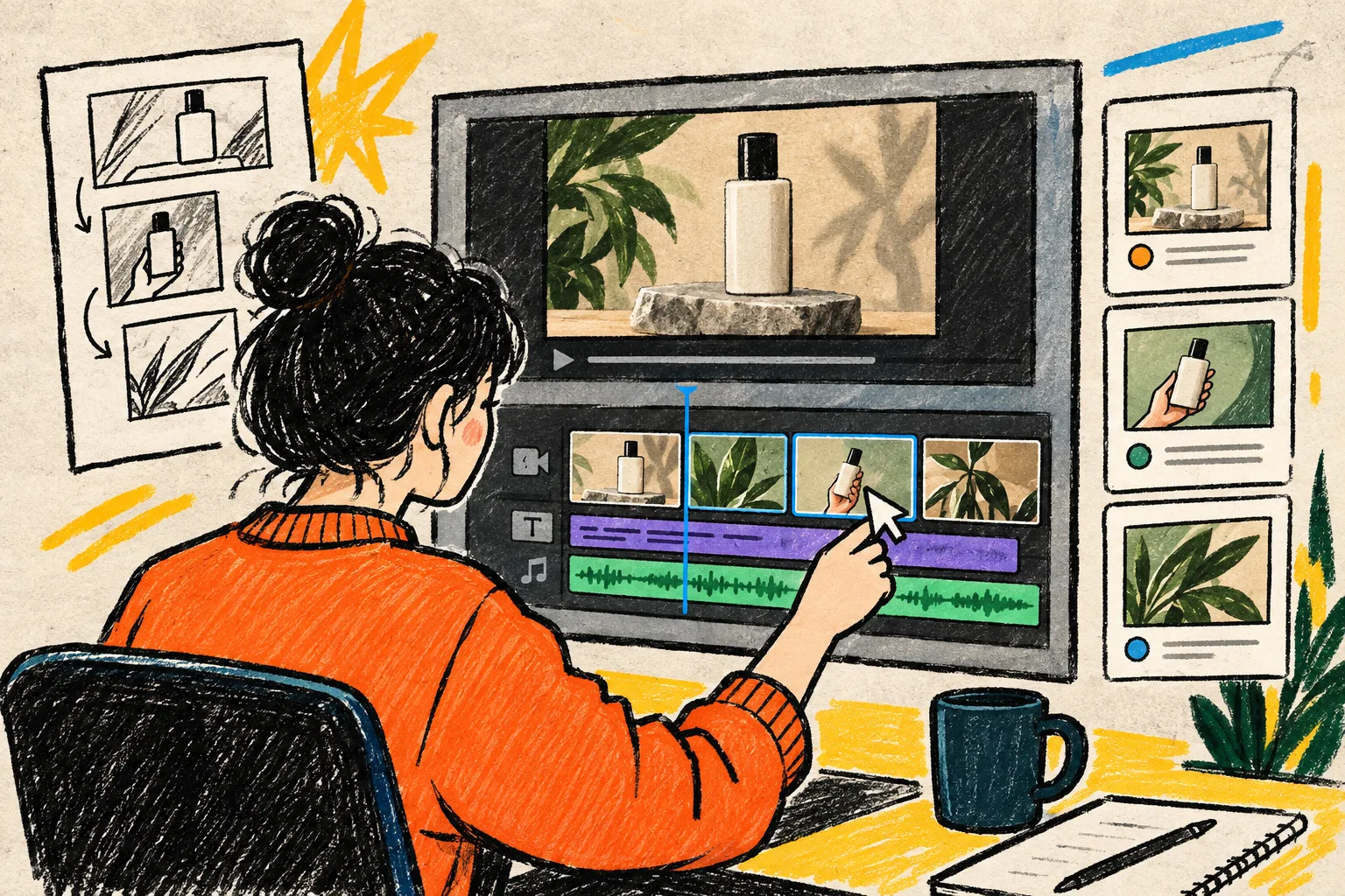 Hand-drawn operator making a small edit to a generated product video timeline