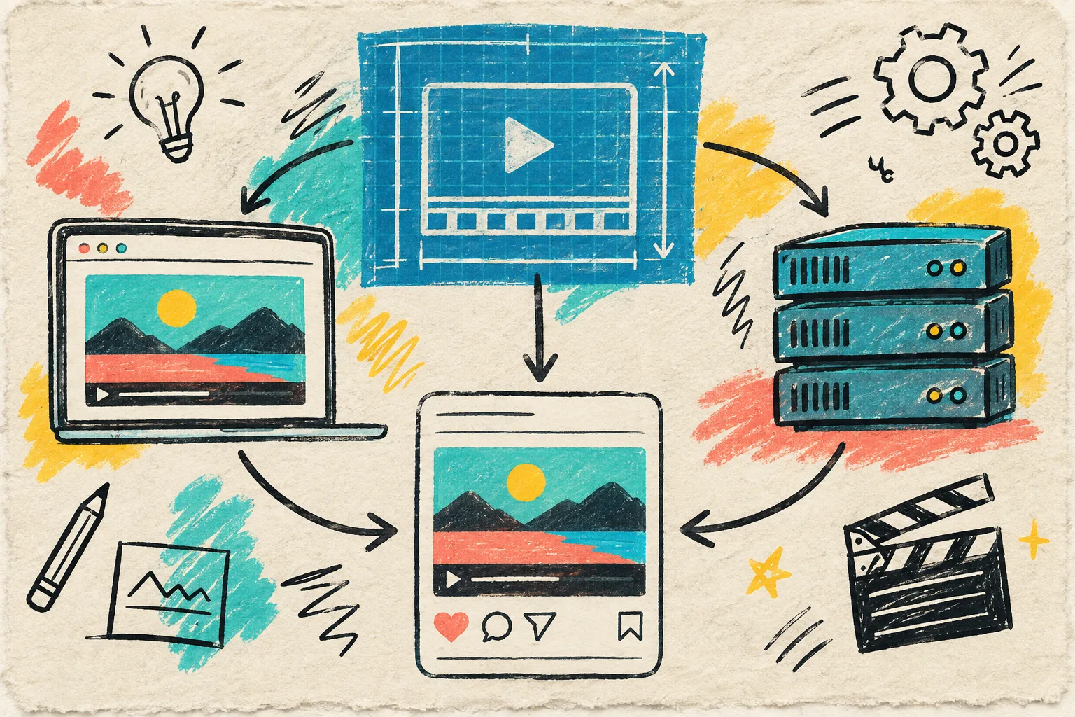 Hand-drawn portable video blueprint branching to preview, server render, and final social clip