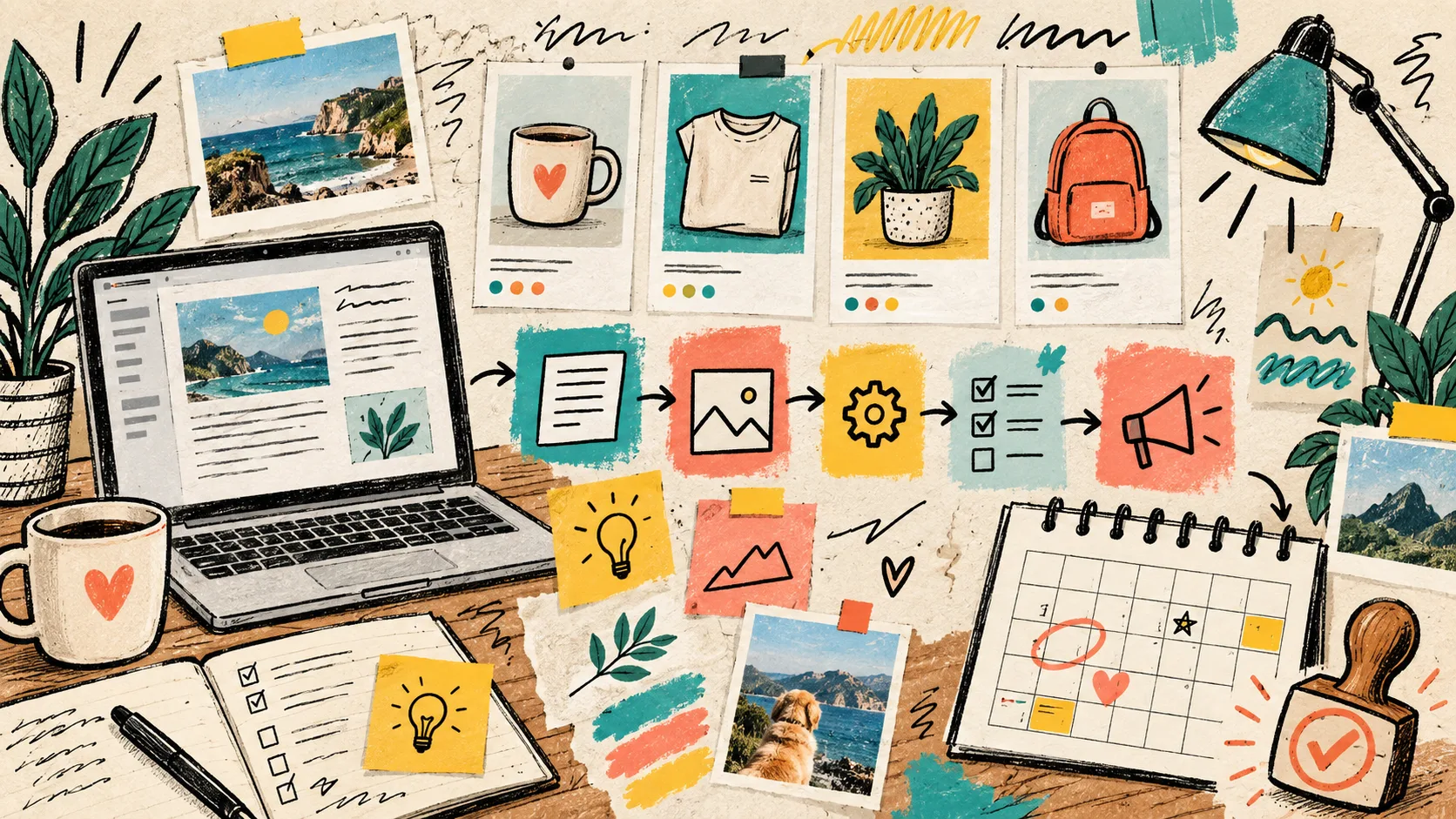 Hand-drawn ecommerce blog workflow with product cards and an approval calendar