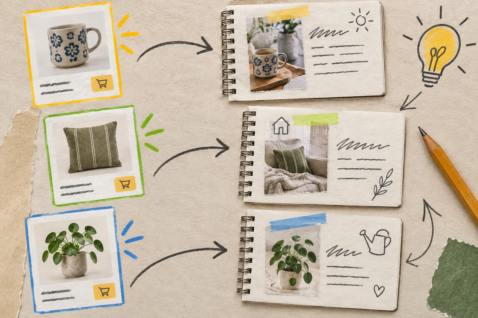 Hand-drawn product cards feeding into rough blog topic notes