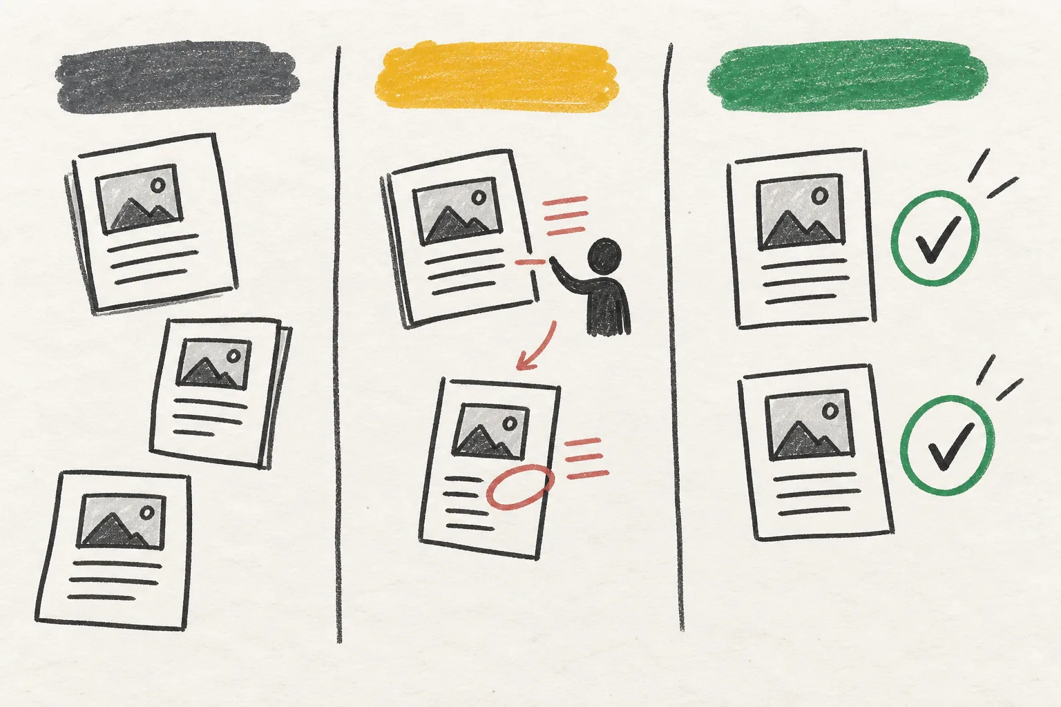 Hand-drawn editorial queue with draft, review, and publish columns