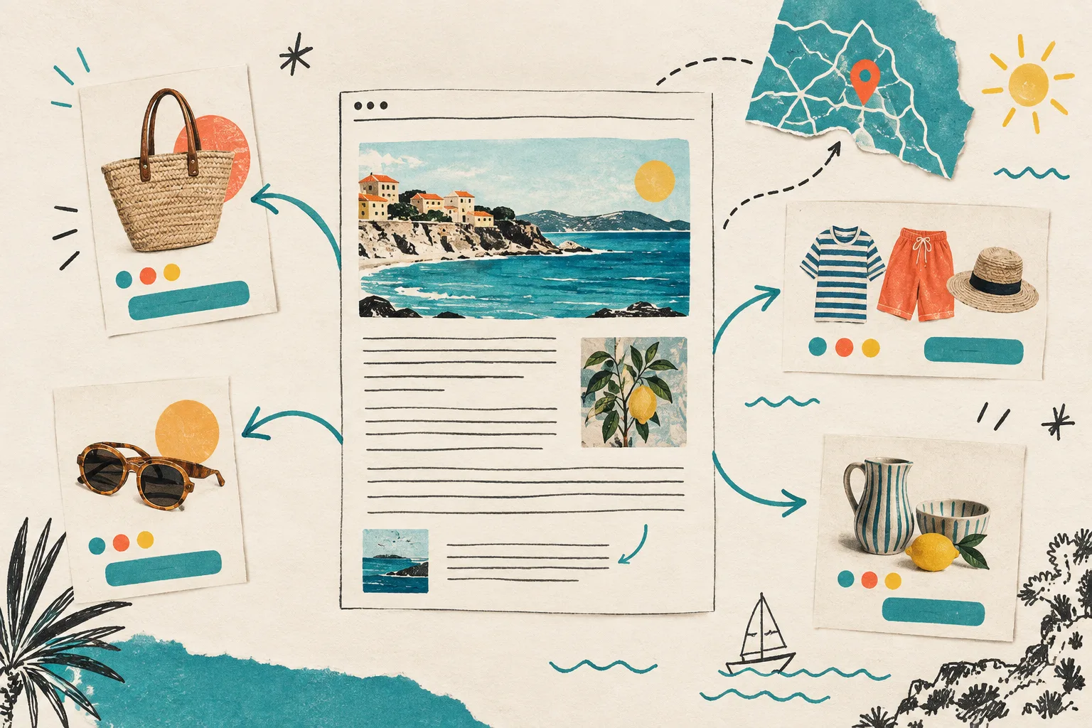 Hand-drawn article page connecting to product and collection cards with scribbled arrows
