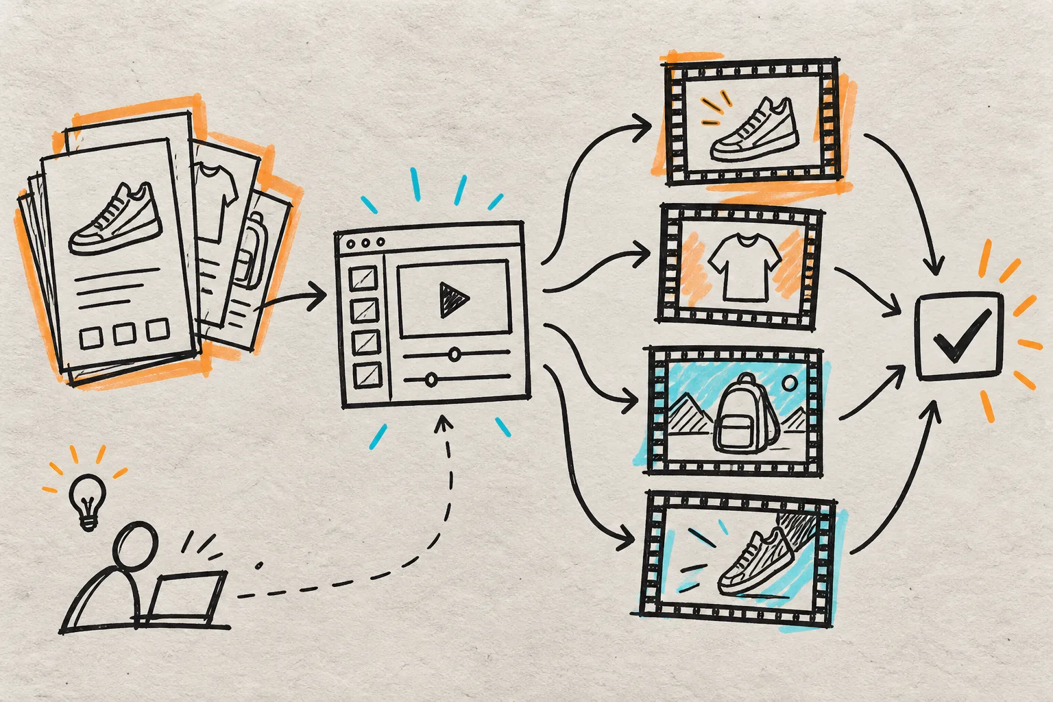 A hand-drawn map from product cards through a video template to variations and approval