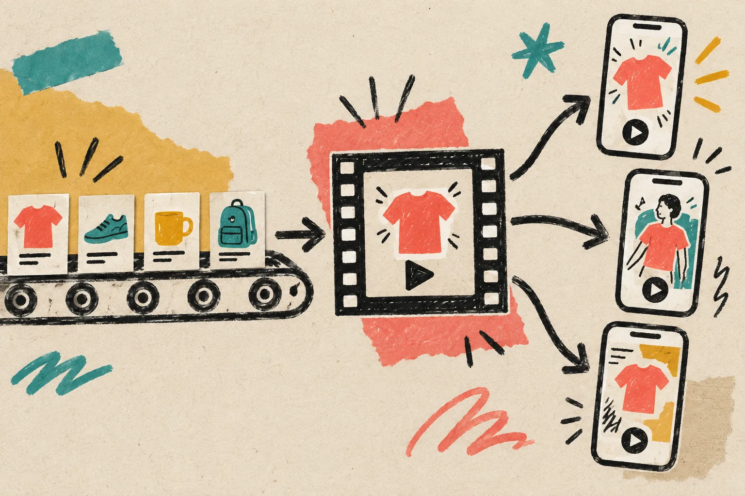 Hand-drawn conveyor carrying product cards into a film frame and three phone-sized outputs