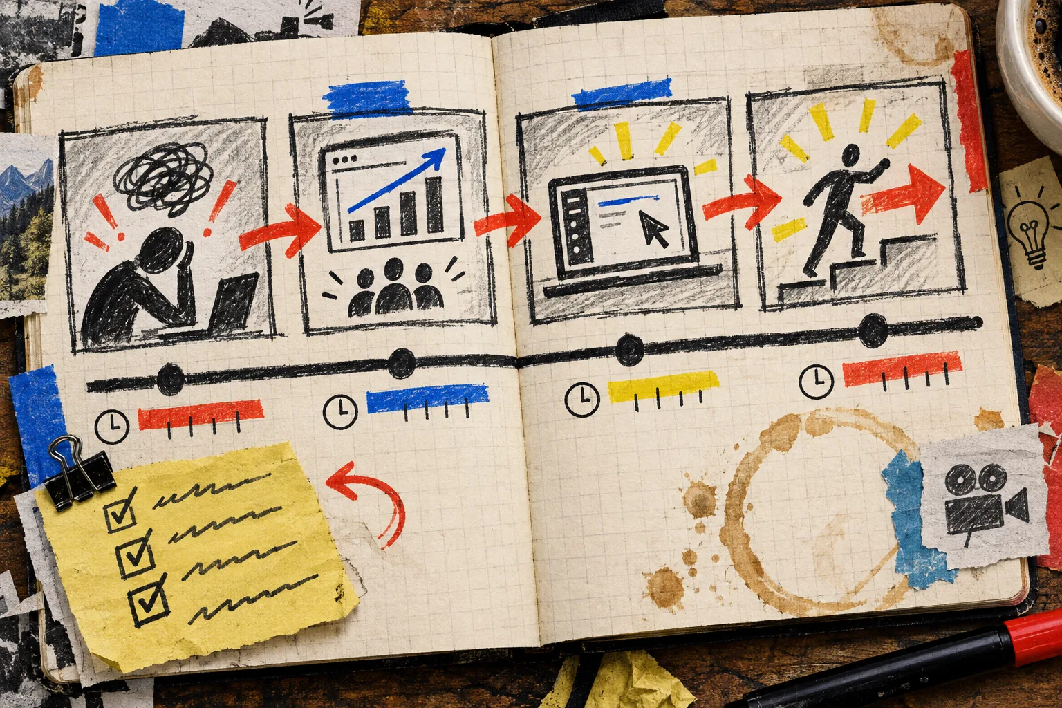 Four-beat launch video brief sketched on notebook paper