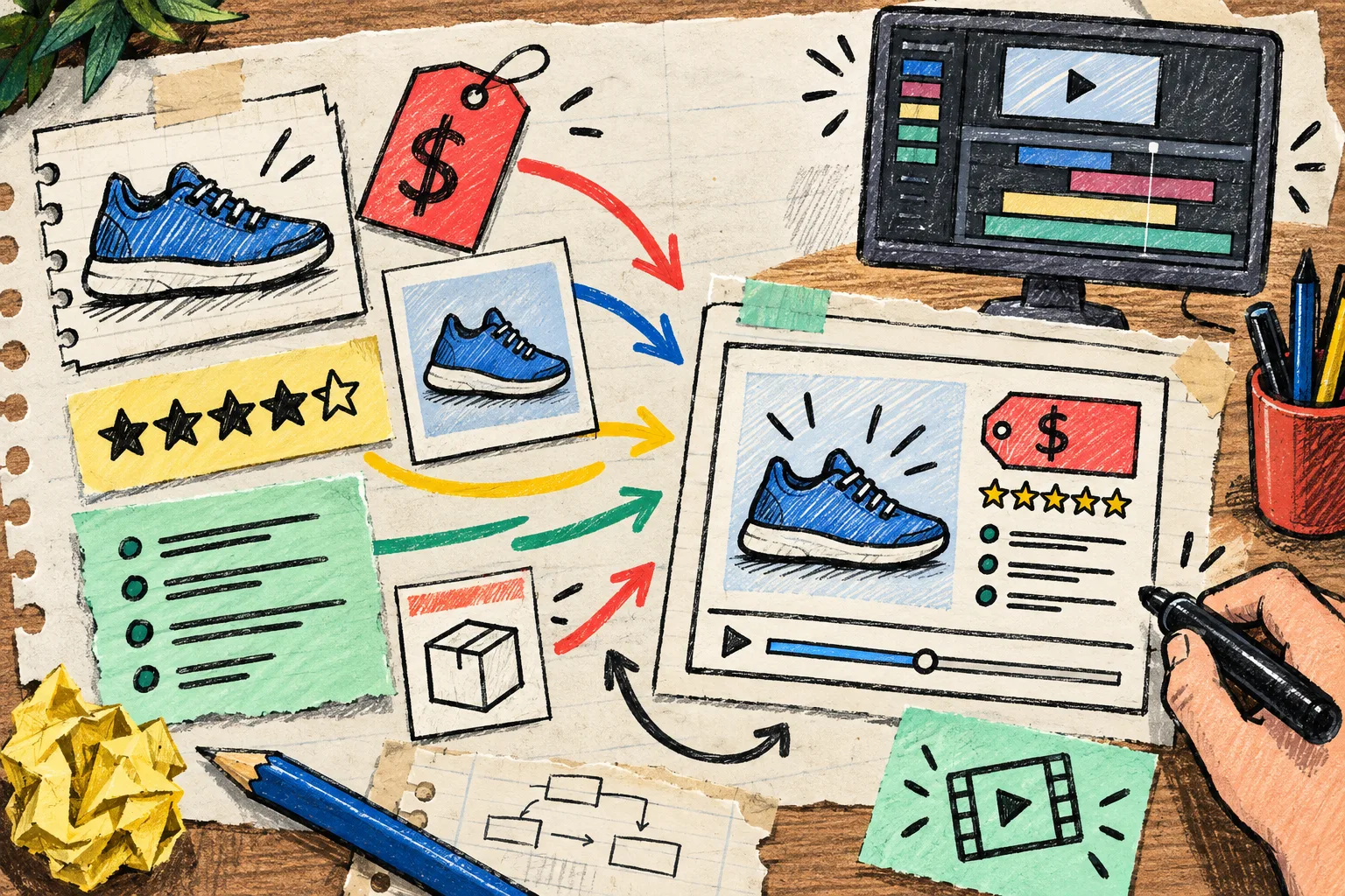Hand-drawn product data cards being assembled into a reusable video template