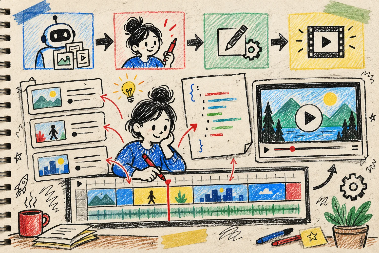 Hand-drawn reviewer editing a structured video draft before render