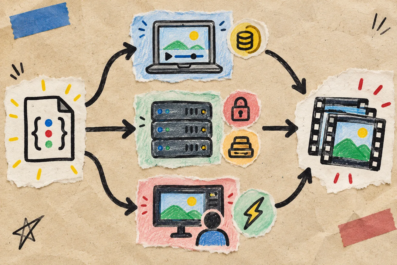 Hand-drawn diagram of browser server and preview video rendering routes