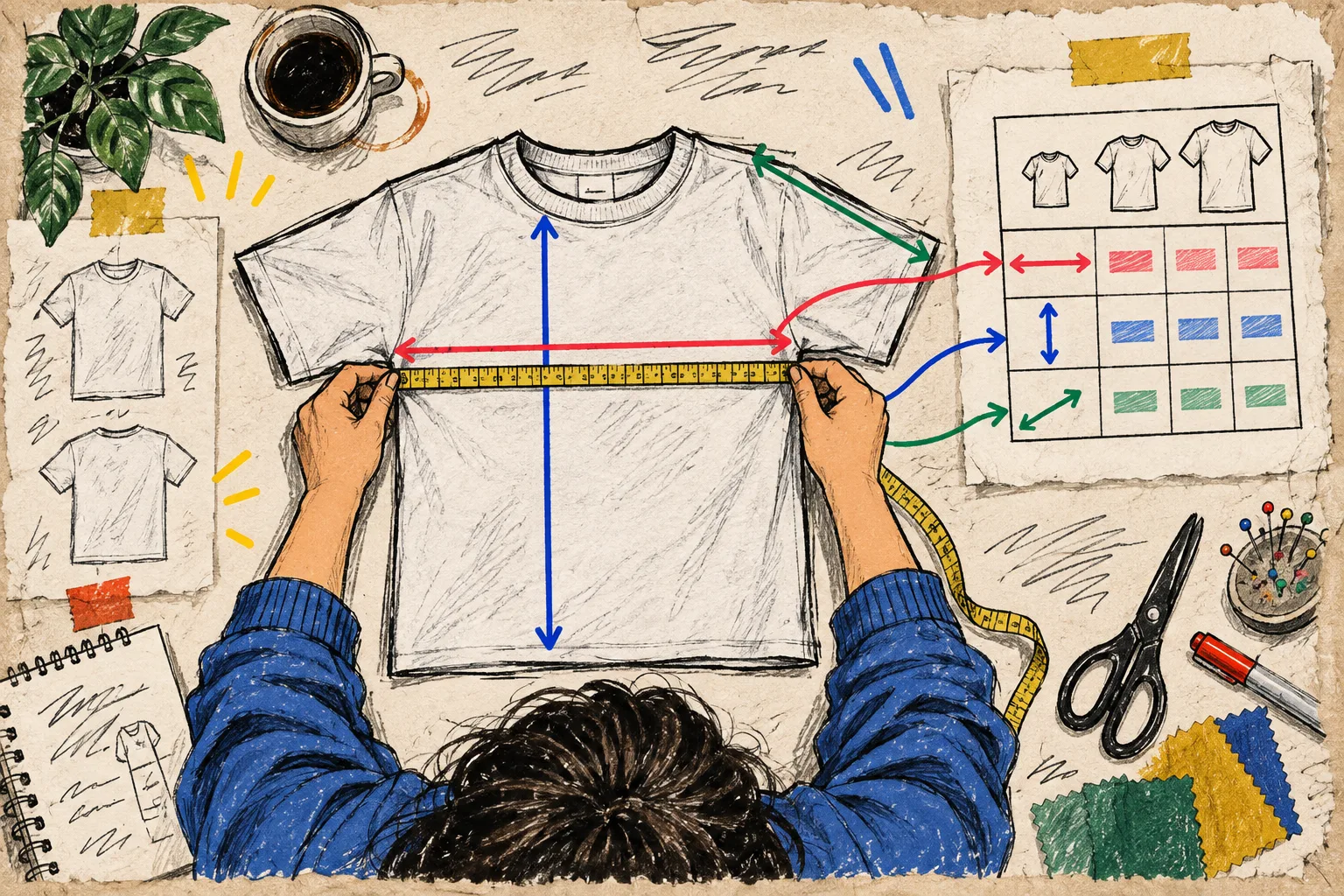 Flat garment measurement guide beside a size chart
