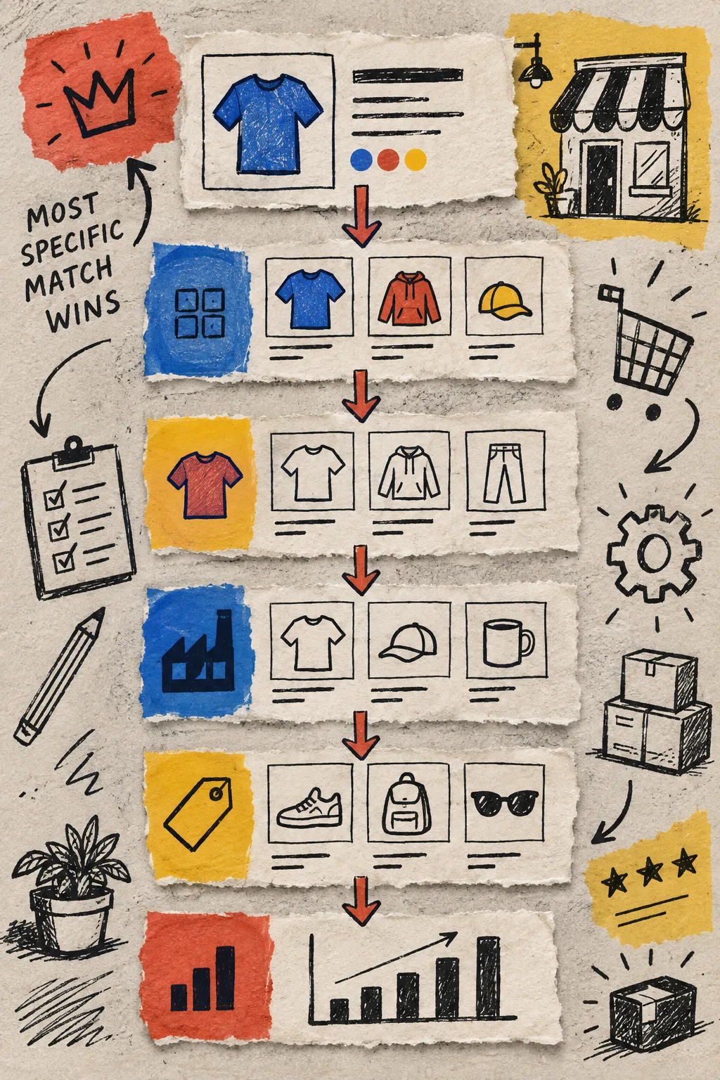 Hand-drawn hierarchy of Shopify size chart assignment rules