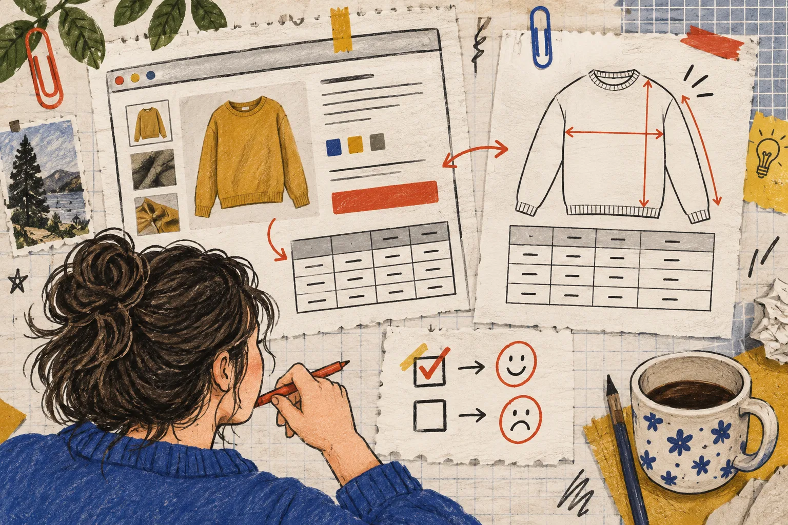 Hand-drawn product-page sizing review checkpoint