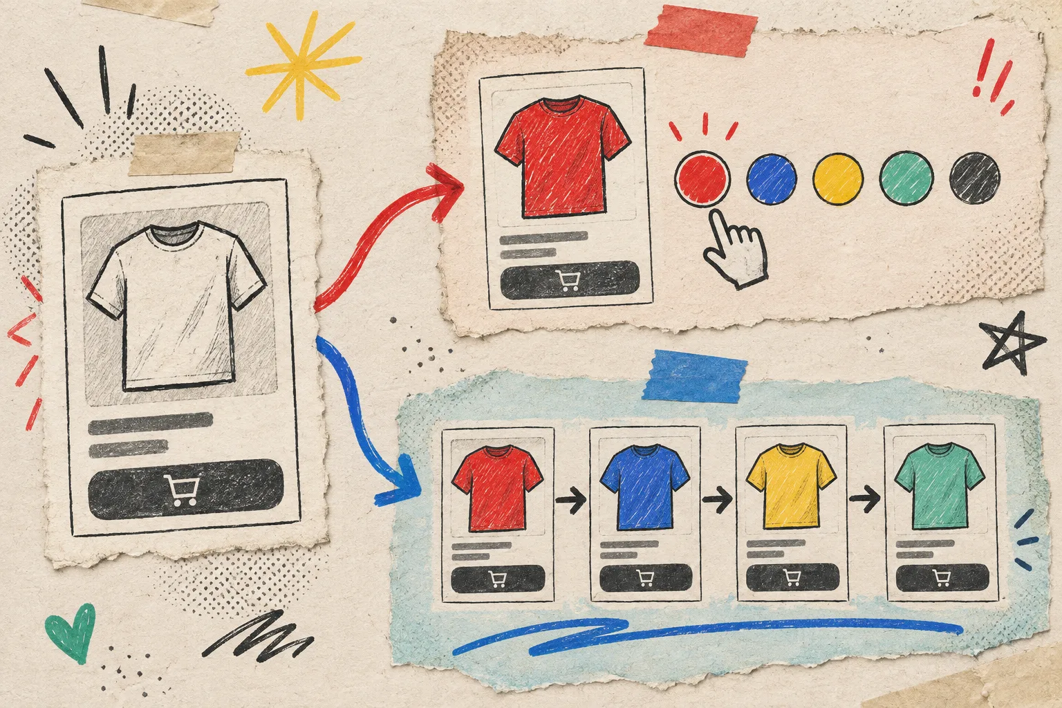 Hand-drawn comparison of Shopify variant and linked-product swatches