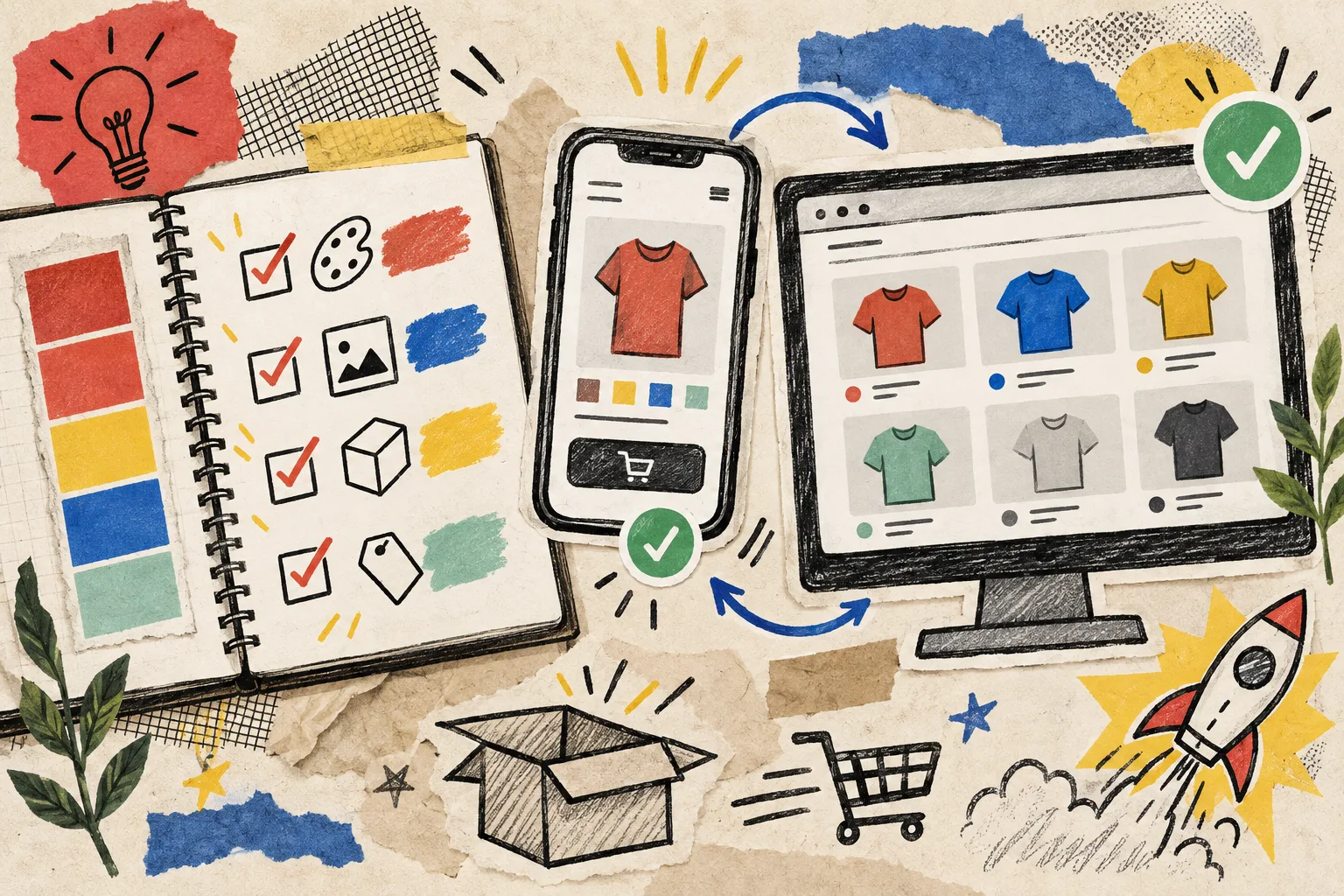 Hand-drawn mobile and desktop Shopify swatch launch checklist