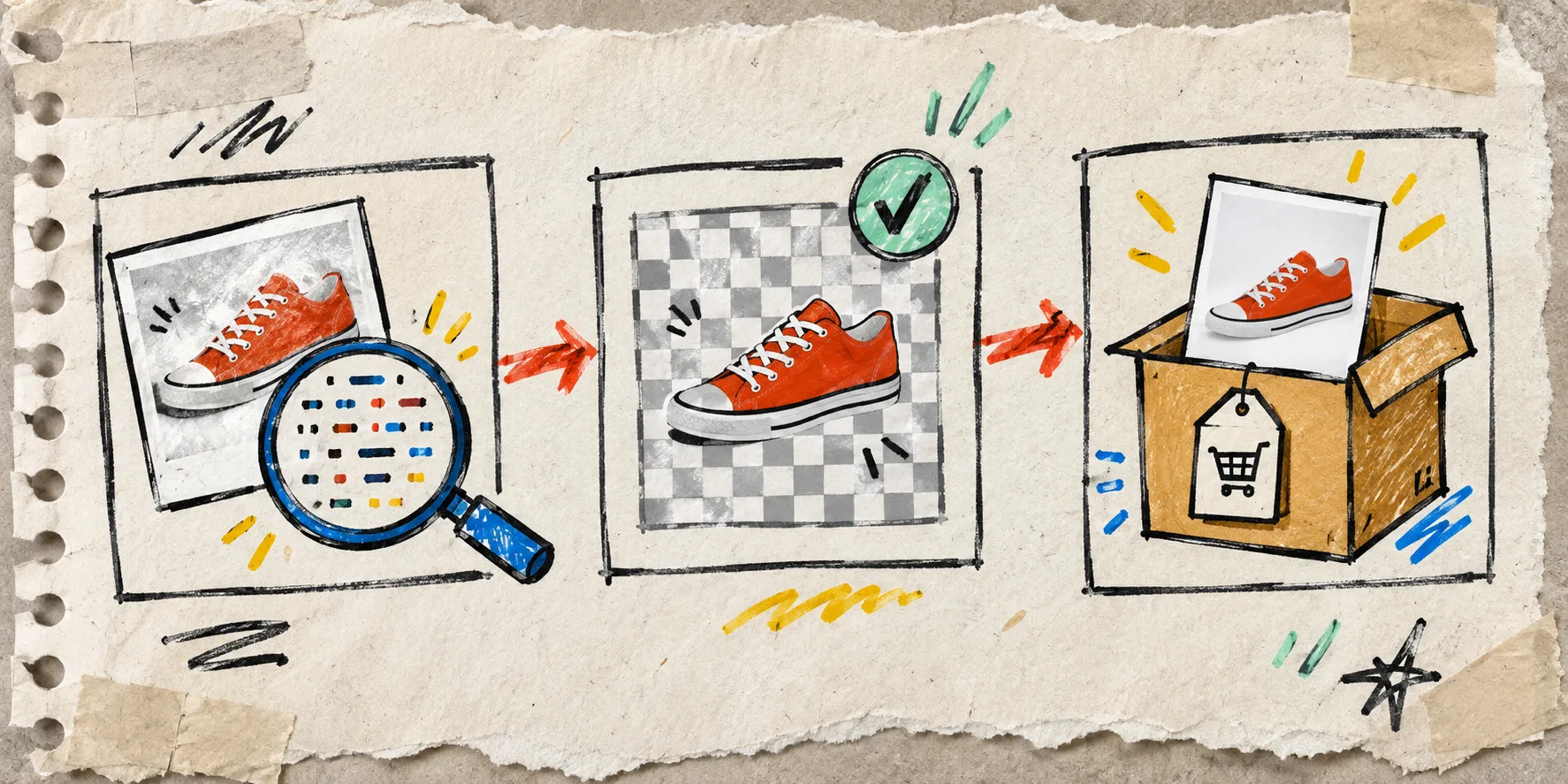 Hand-drawn three-stage product image file check workflow