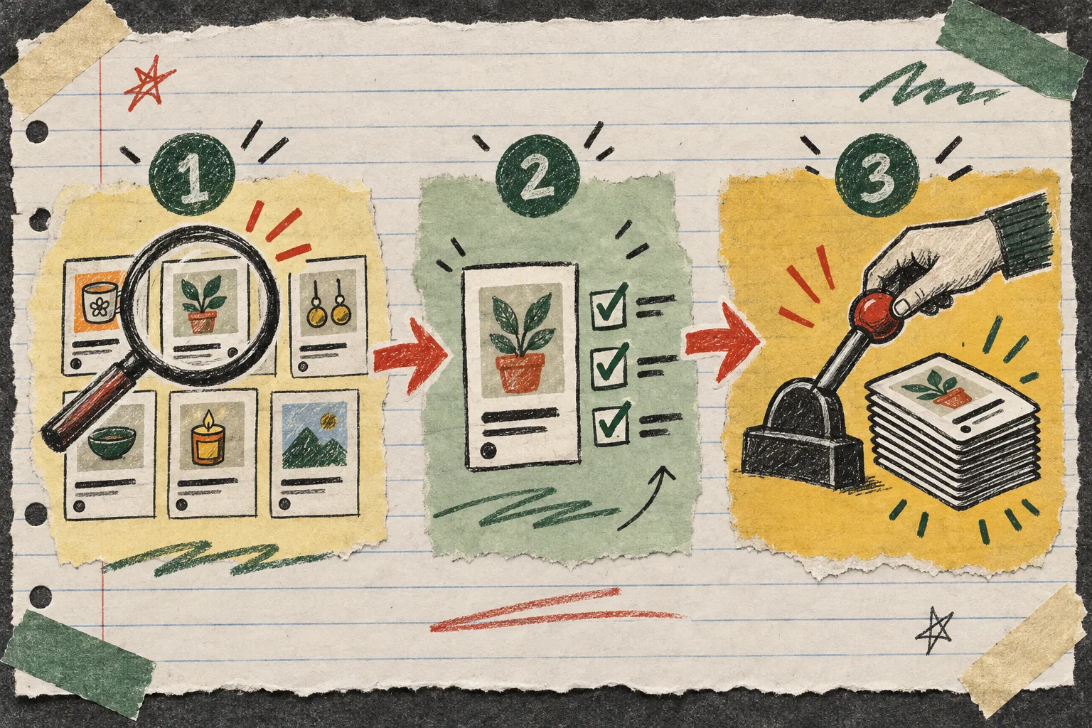 Three-stage sketch of finding, inspecting, and batch editing Etsy listings