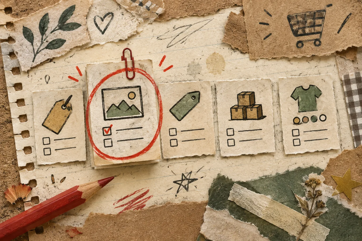 Hand-drawn cards represent choosing one Etsy catalog field to change