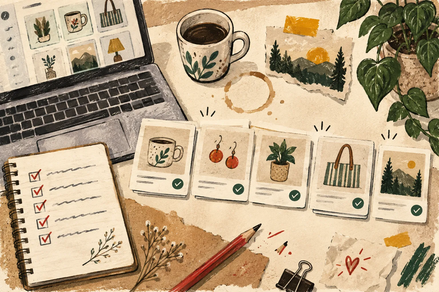 Notebook checklist and Etsy-style listing cards after a careful update