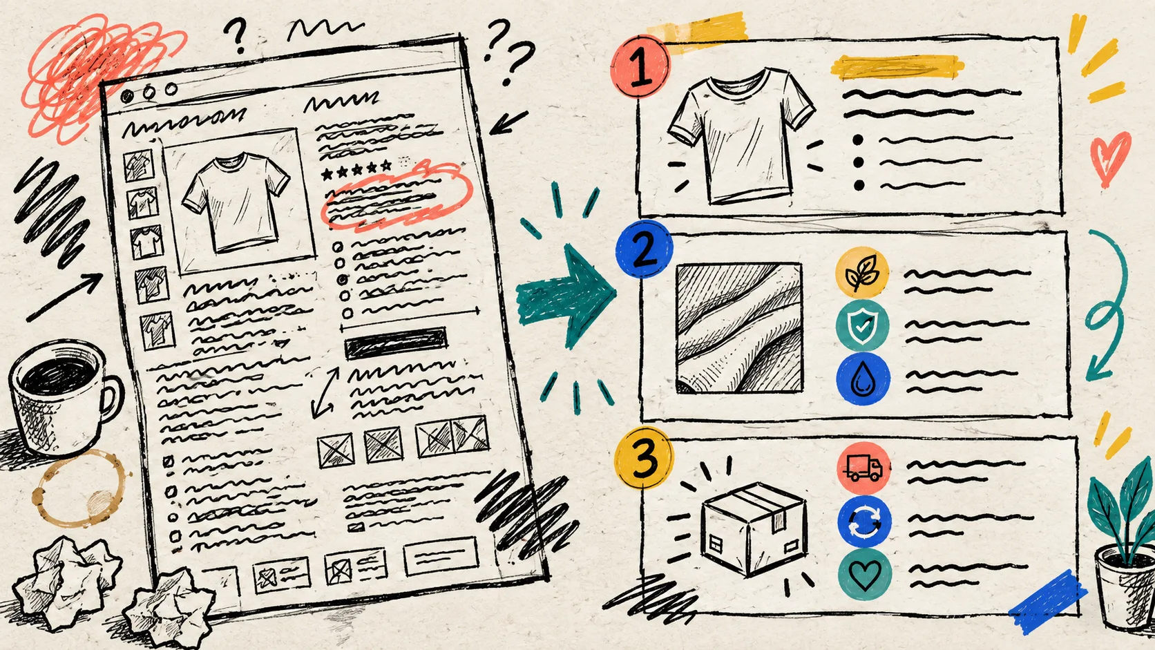 Hand-drawn cluttered product description organized into scannable panels