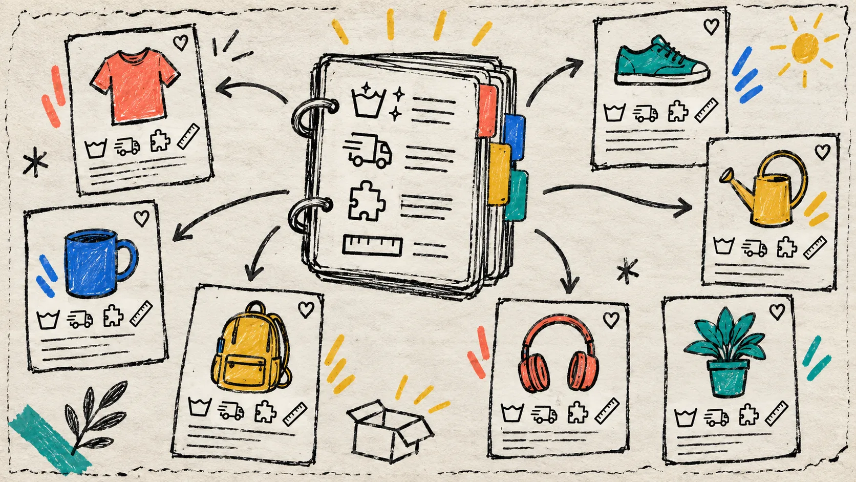 Hand-drawn reusable Shopify content source feeding multiple product cards