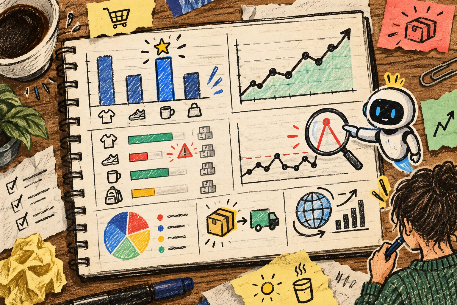 Hand-drawn morning ecommerce report with inventory alerts
