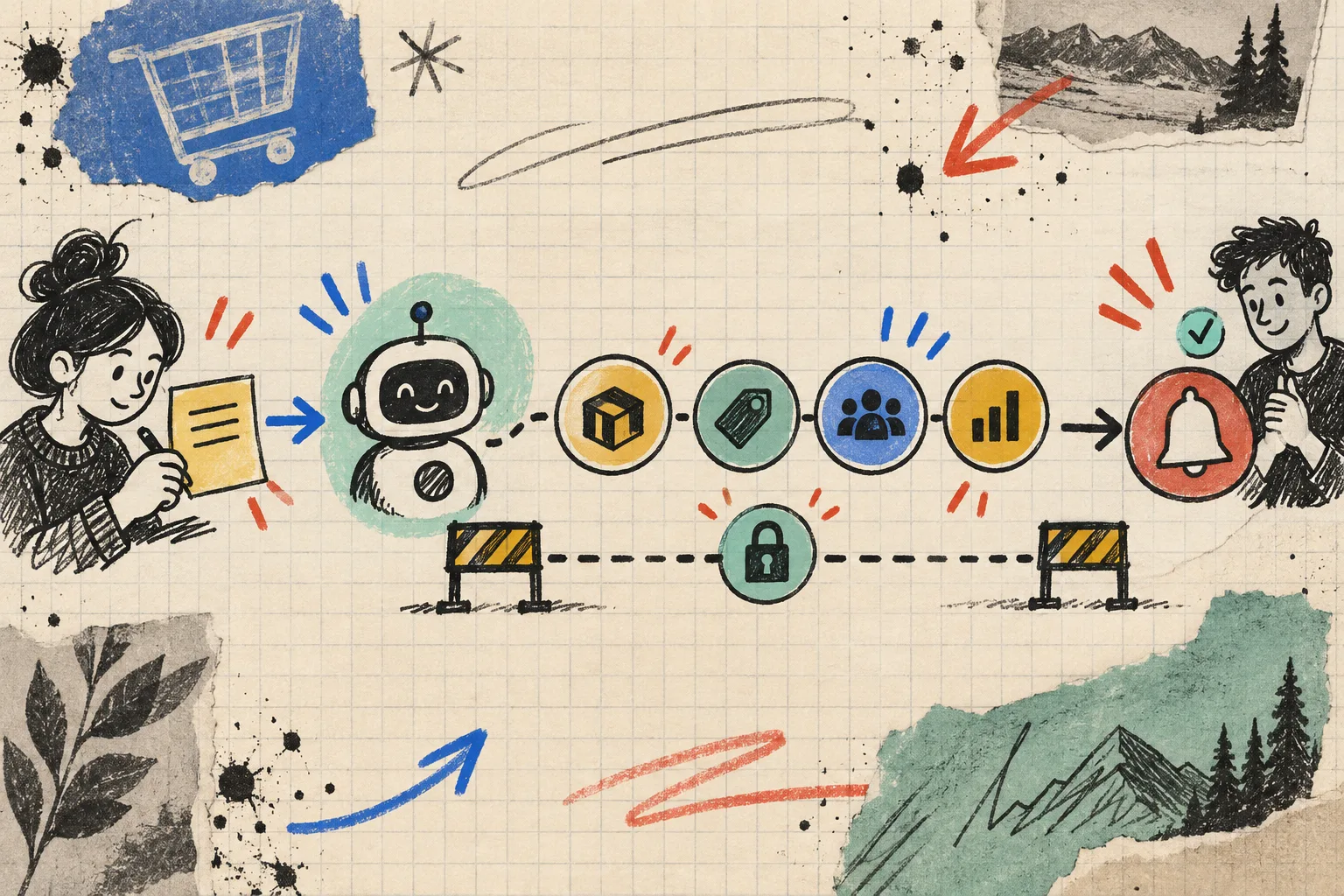Hand-drawn human-reviewed AI automation workflow