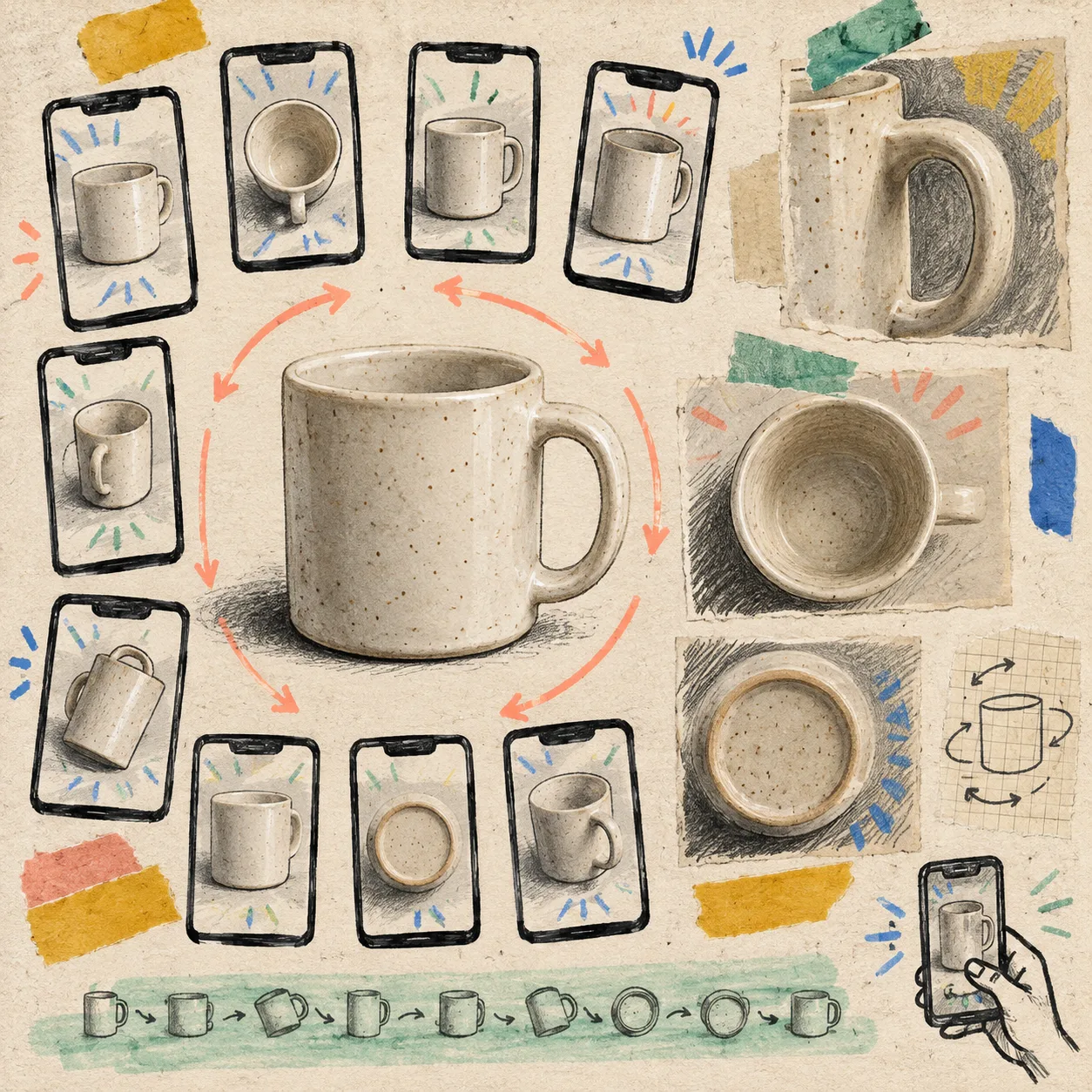 Hand-drawn phone photo orbit around a product for 3D capture