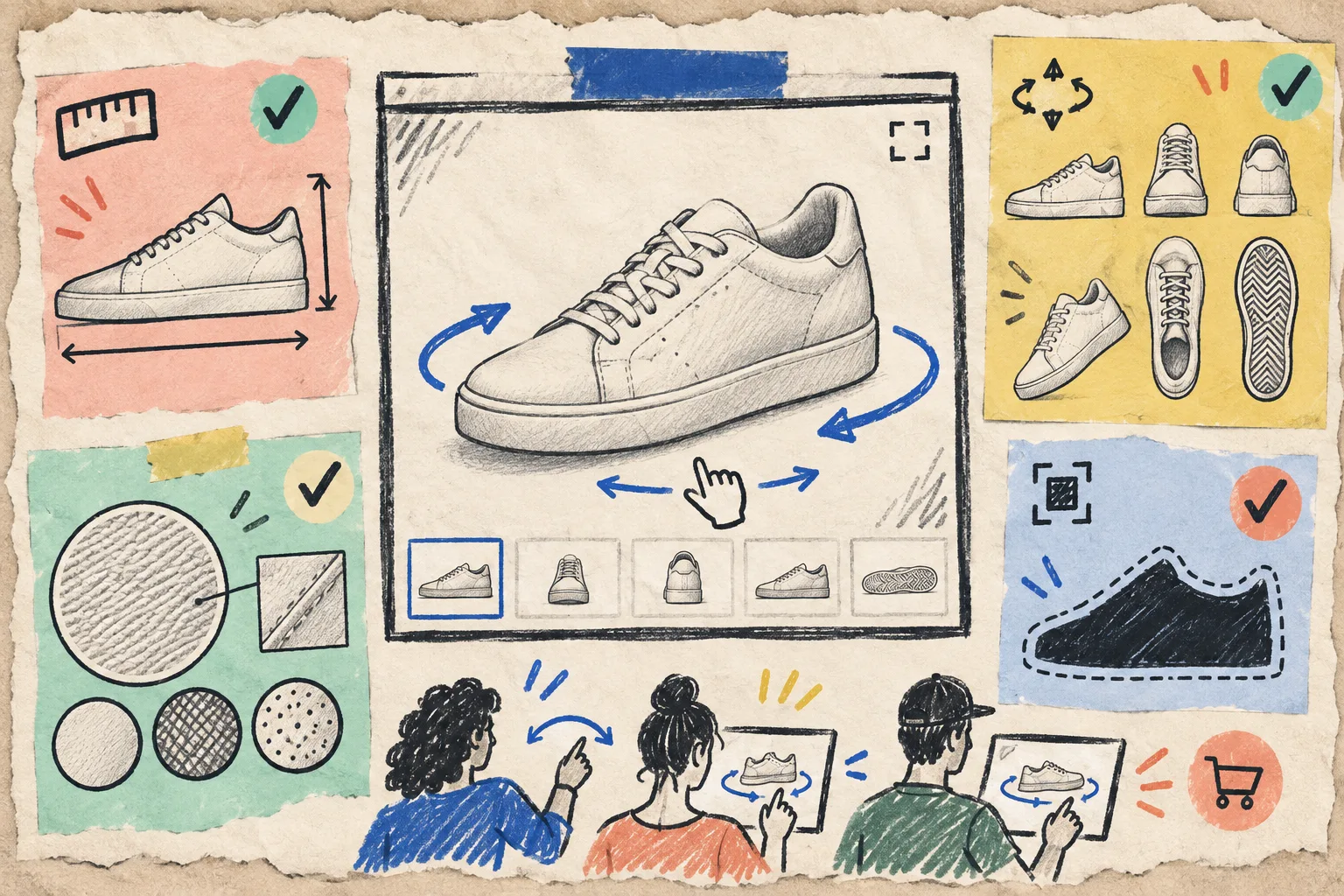 Hand-drawn checklist for Shopify 3D product media quality