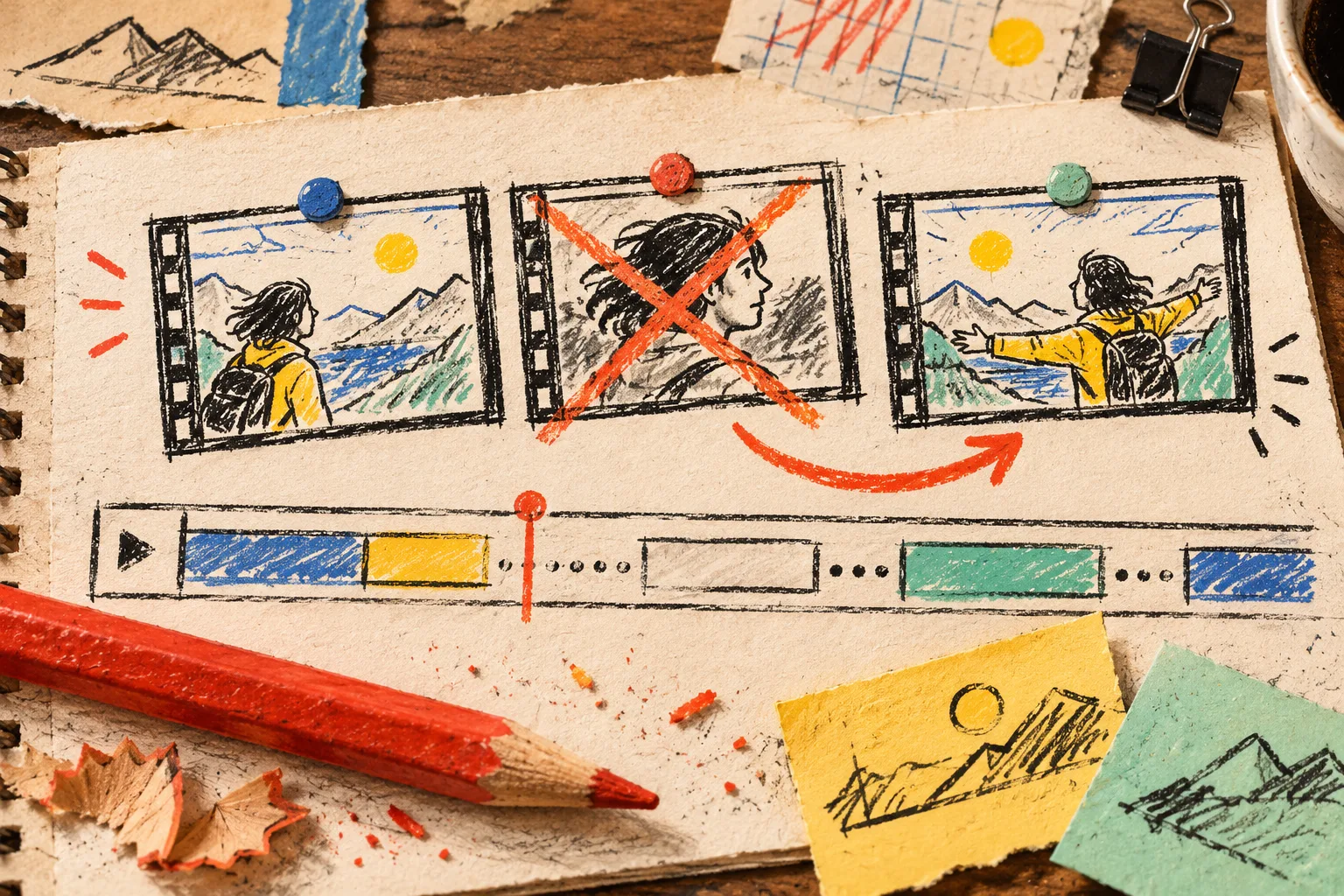 Hand-drawn storyboard revision board