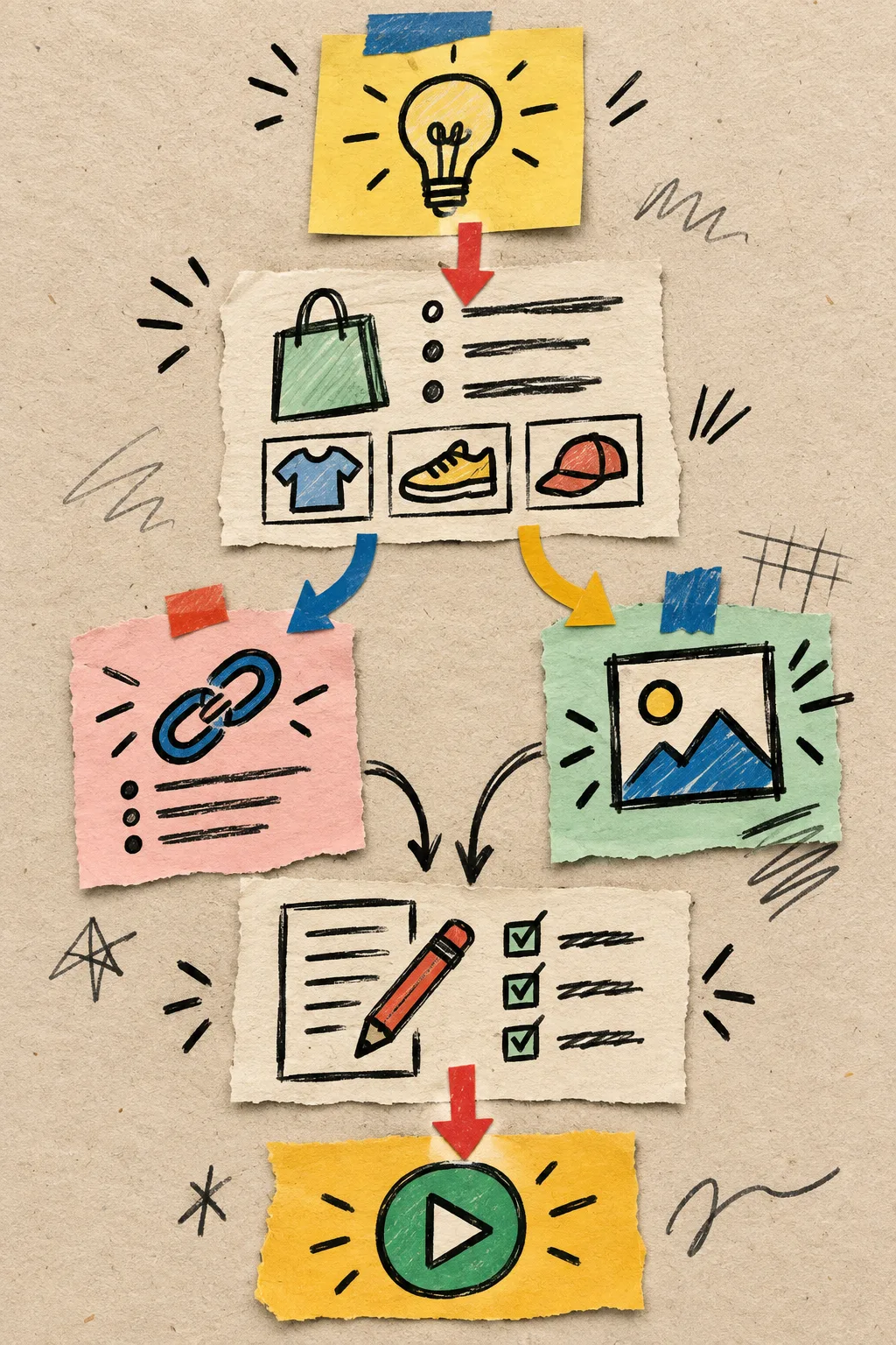 Hand-drawn map of a reviewable ecommerce blog workflow