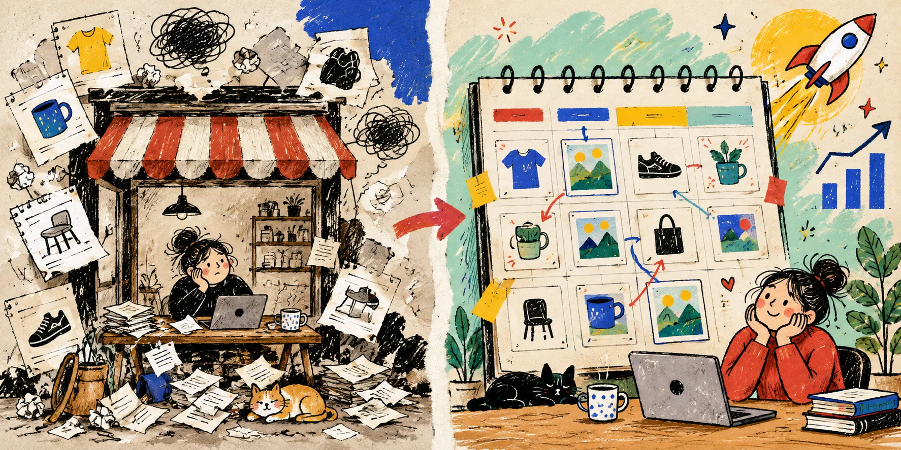 Hand-drawn before-and-after comparison of scattered and scheduled ecommerce content