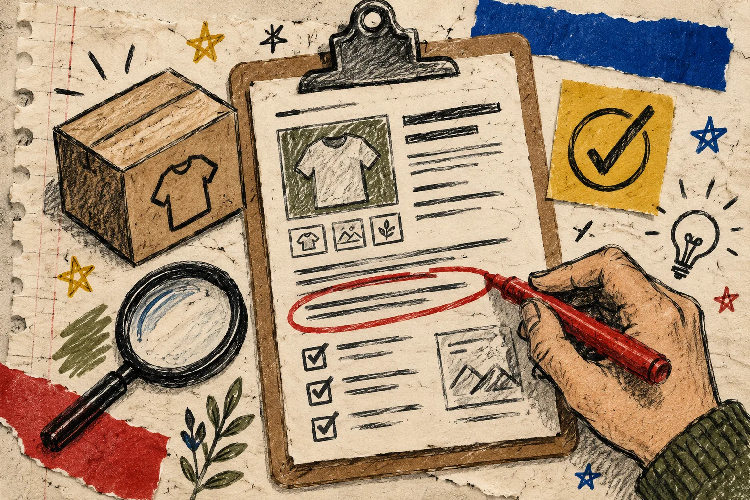 Hand-drawn draft review ritual with product context