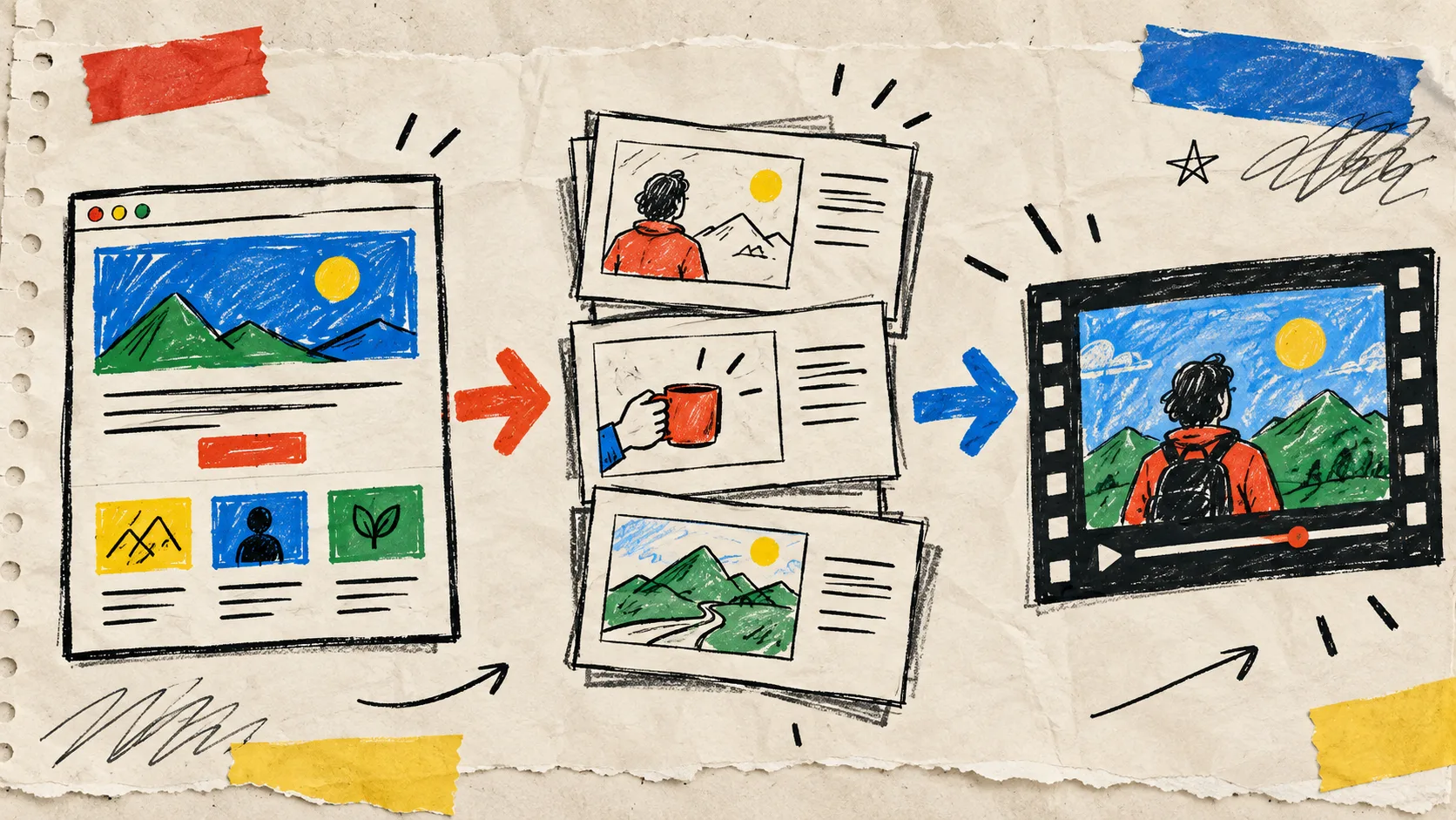 Hand-drawn three-step website to storyboard workflow