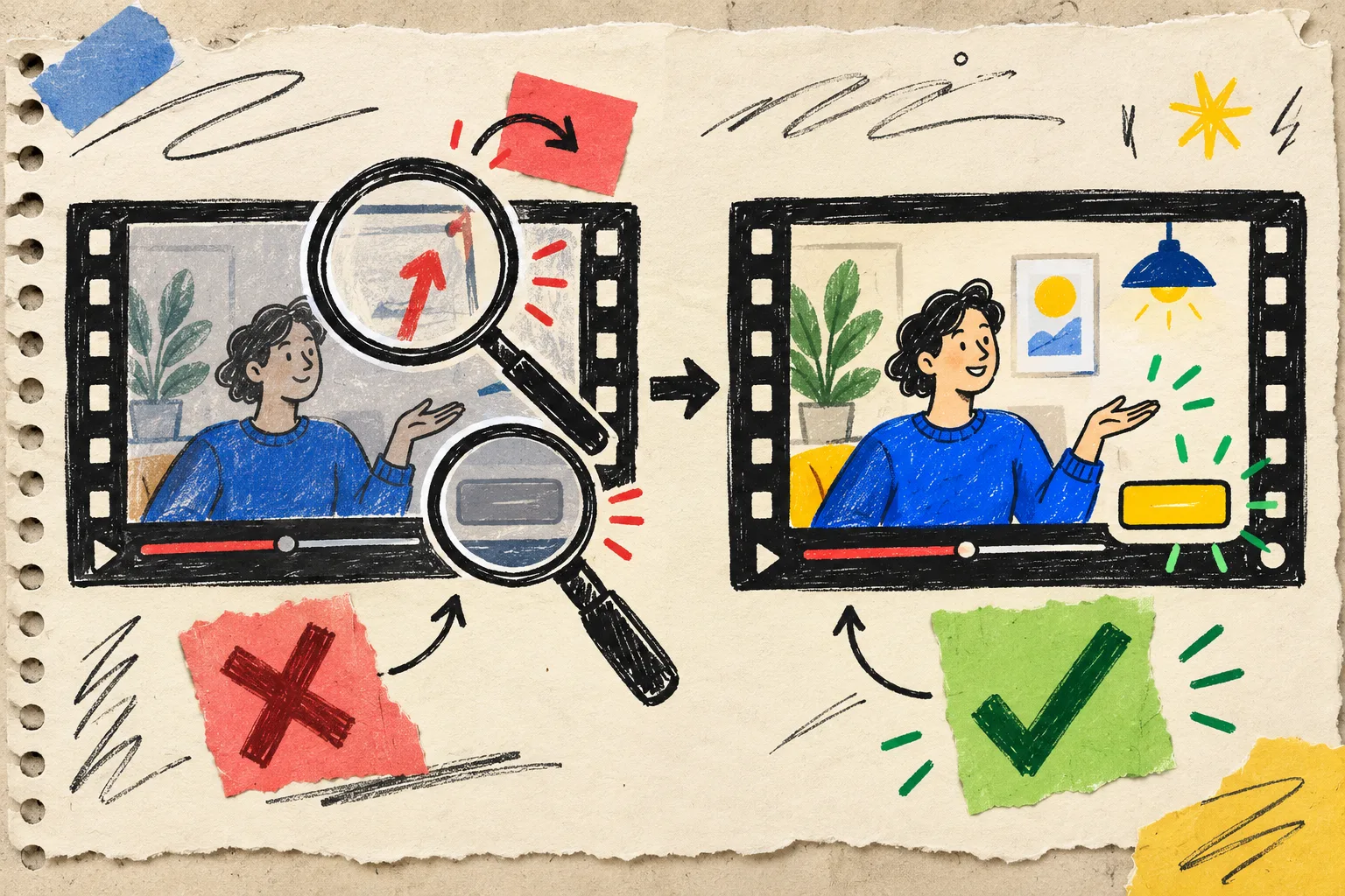 Hand-drawn video frame review with issue and fix